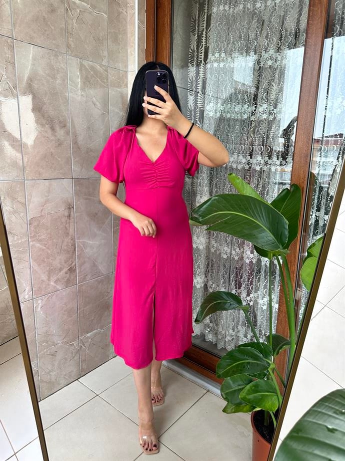 Pembe balon kol elbise