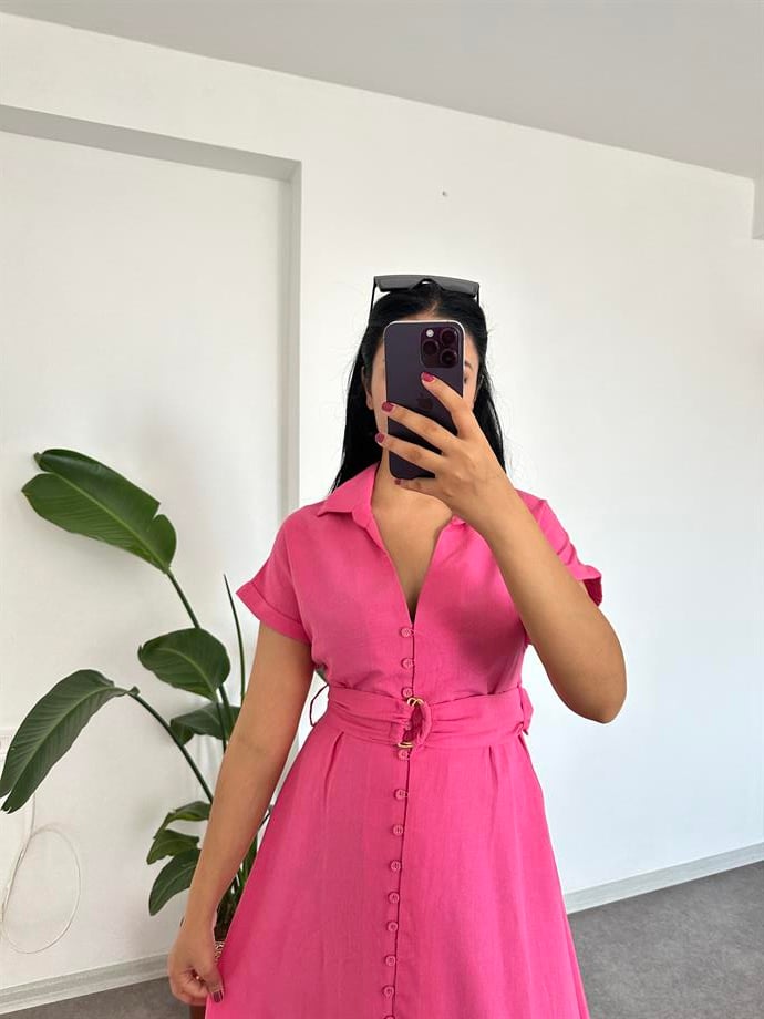 Pembe keten düğmeli elbise 