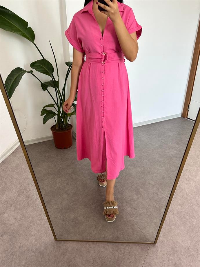 Pembe keten düğmeli elbise 