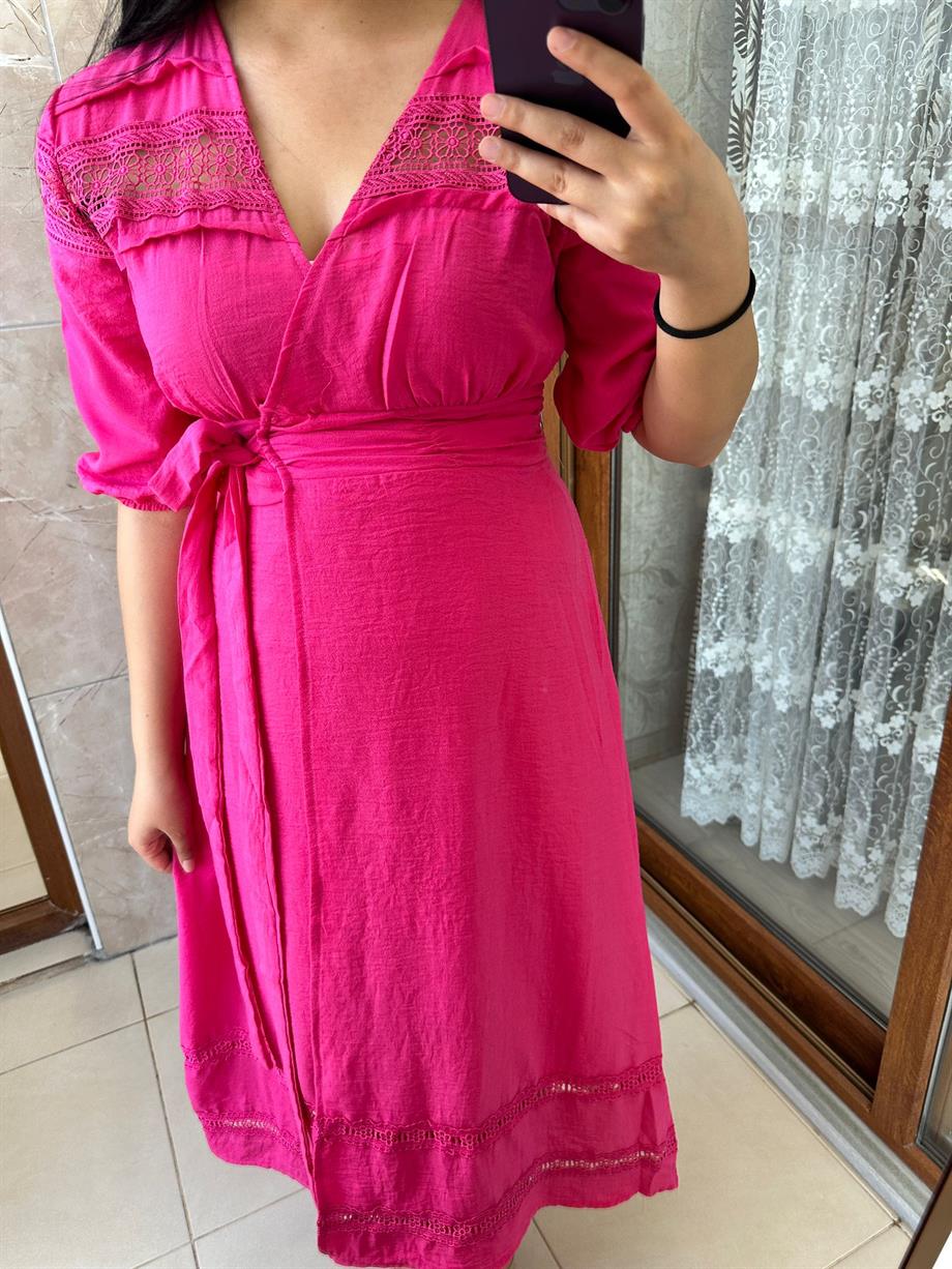 PEMBE KETEN ELBİSE