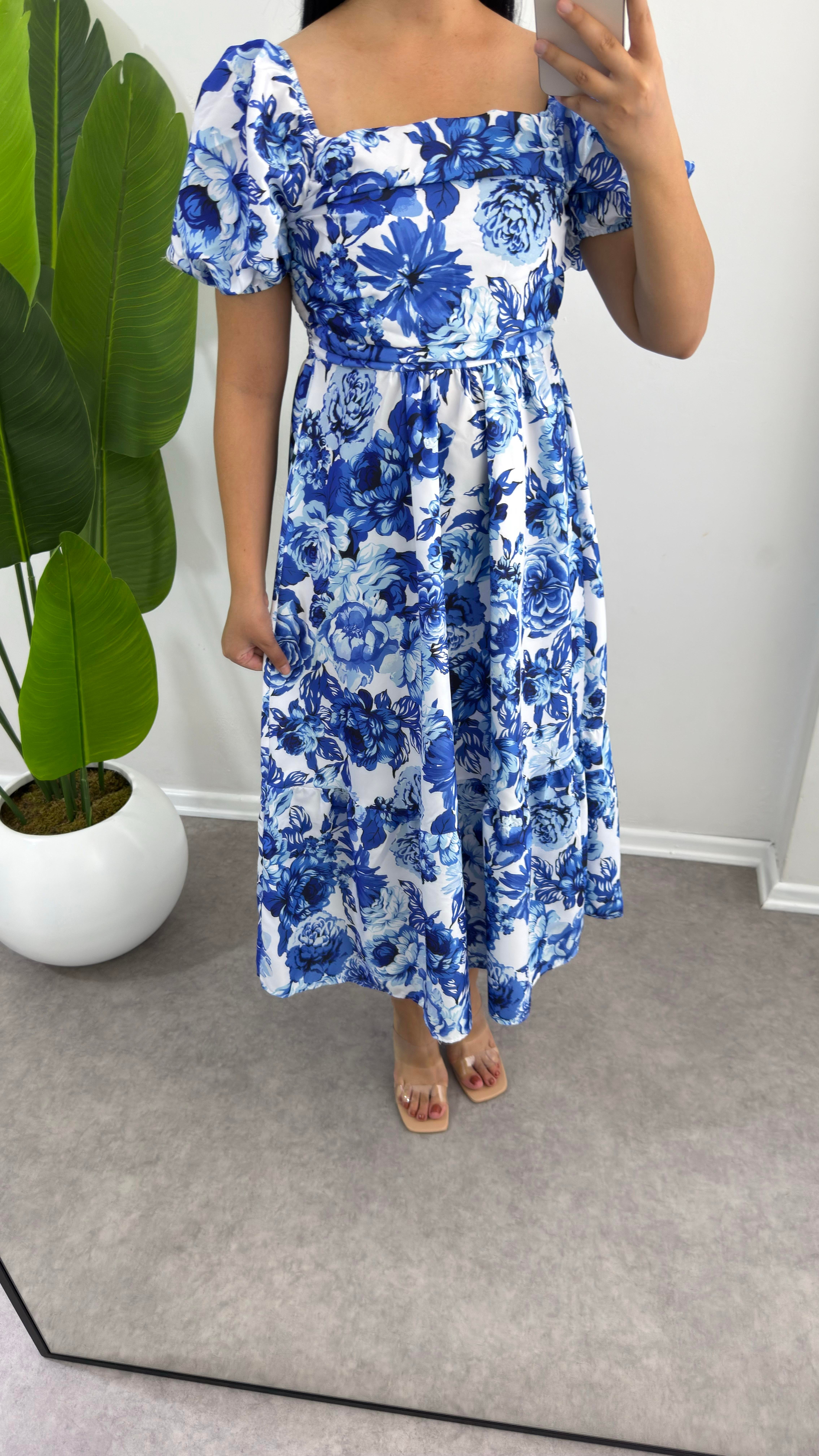 Poplin Çiçekli Mavi Elbise 