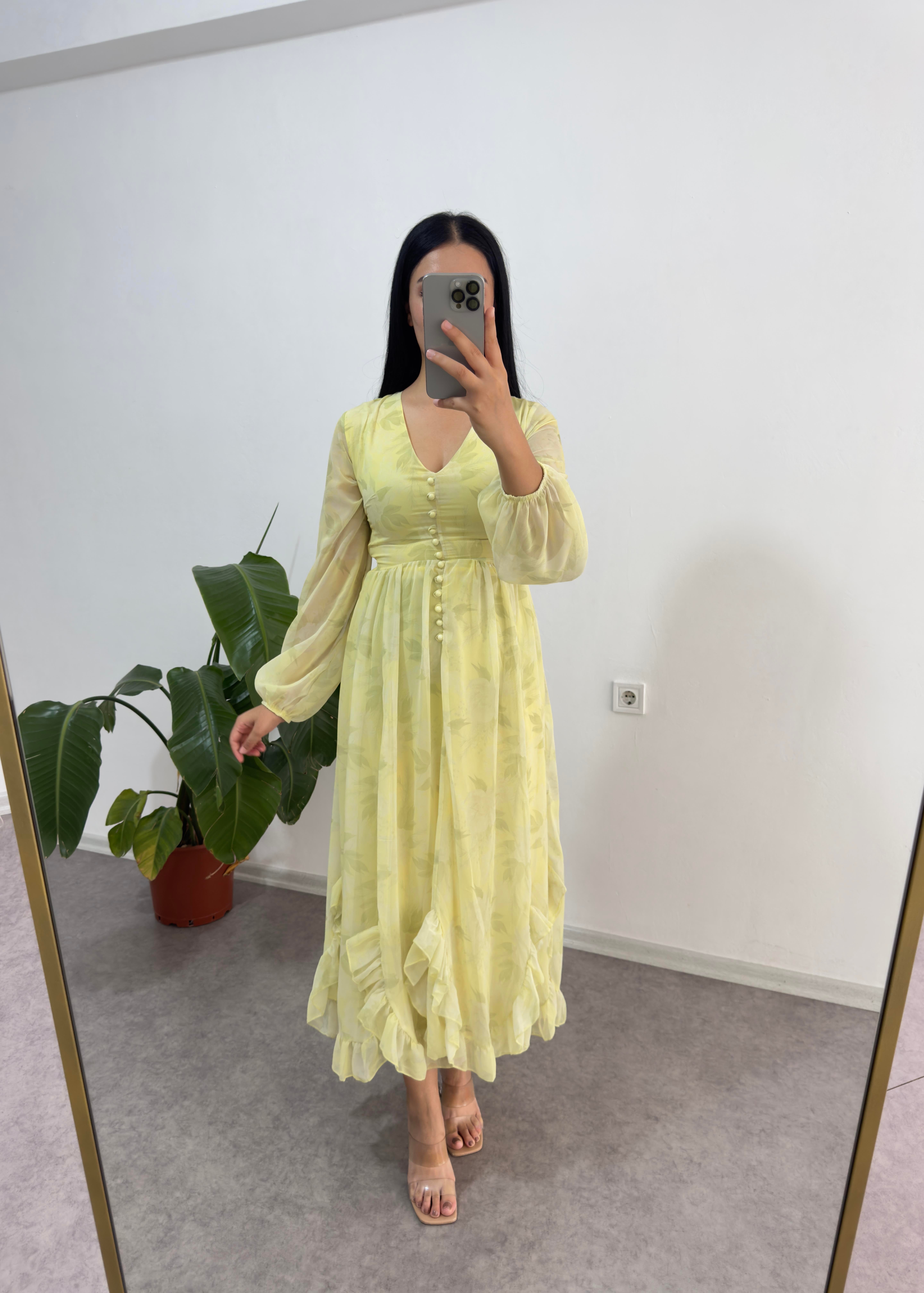 Sarı Düğmeli Şifon Elbise