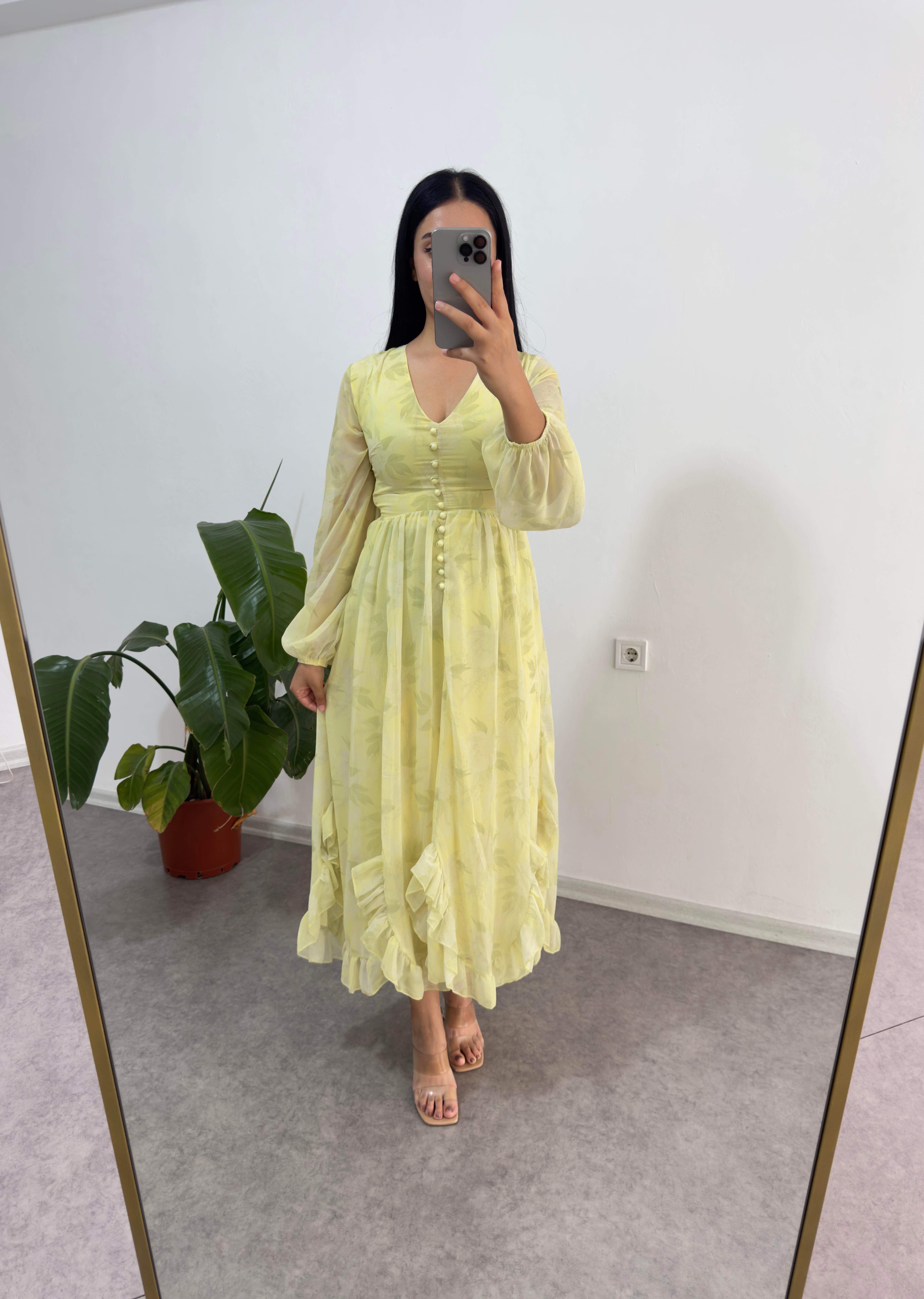 Sarı Düğmeli Şifon Elbise