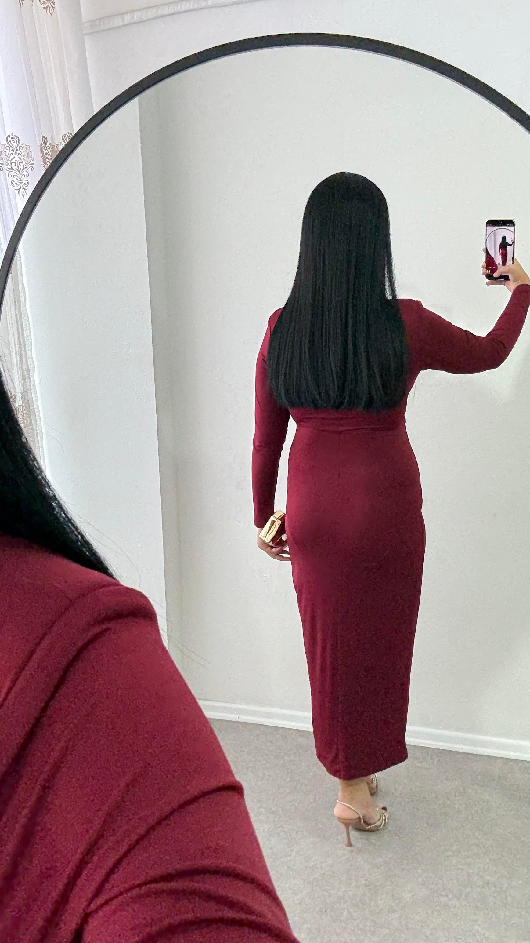 Sendy Broşlu Bordo Elbise