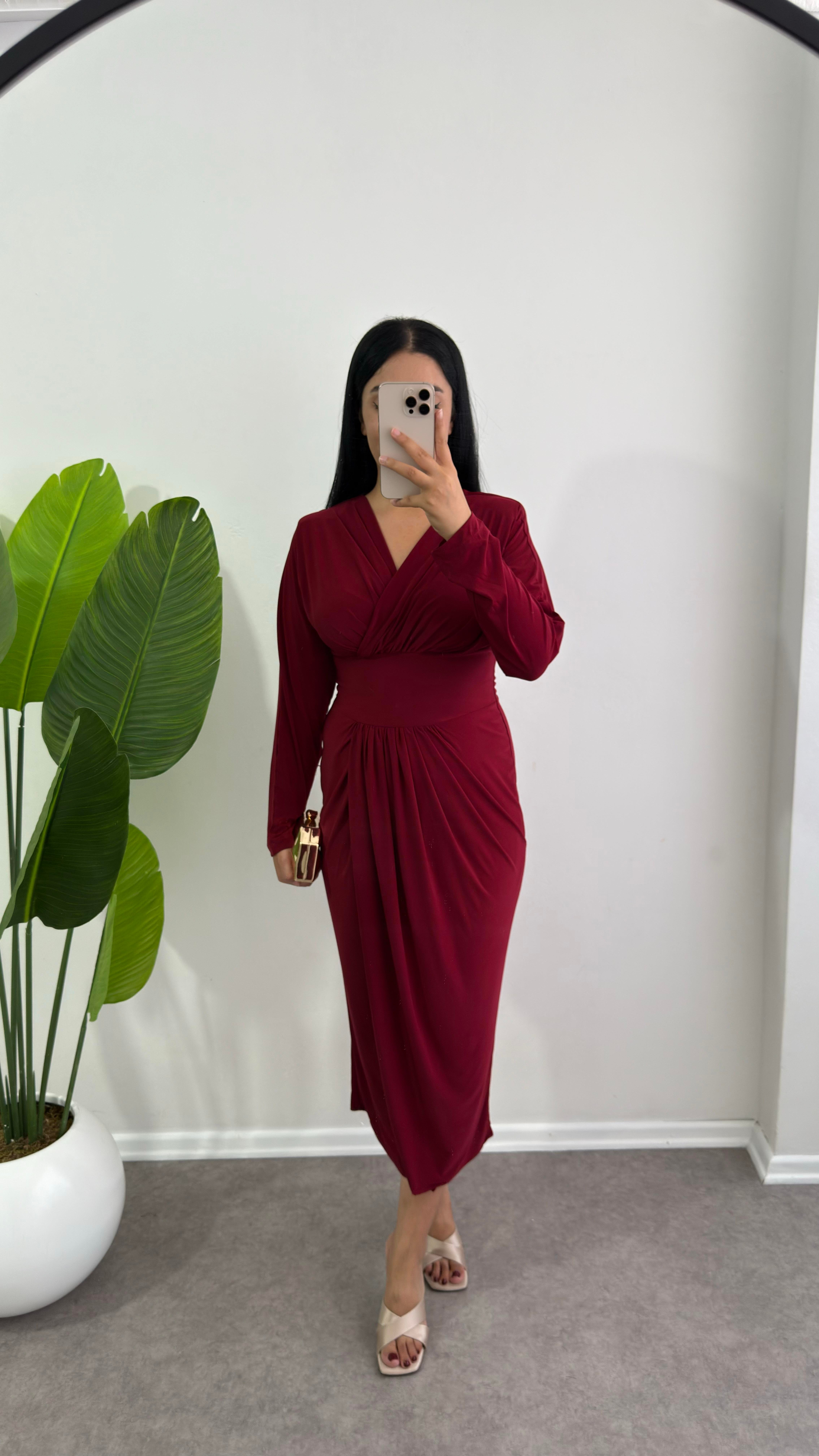 Sendy Kumaş Anvelop Model Bordo Elbise