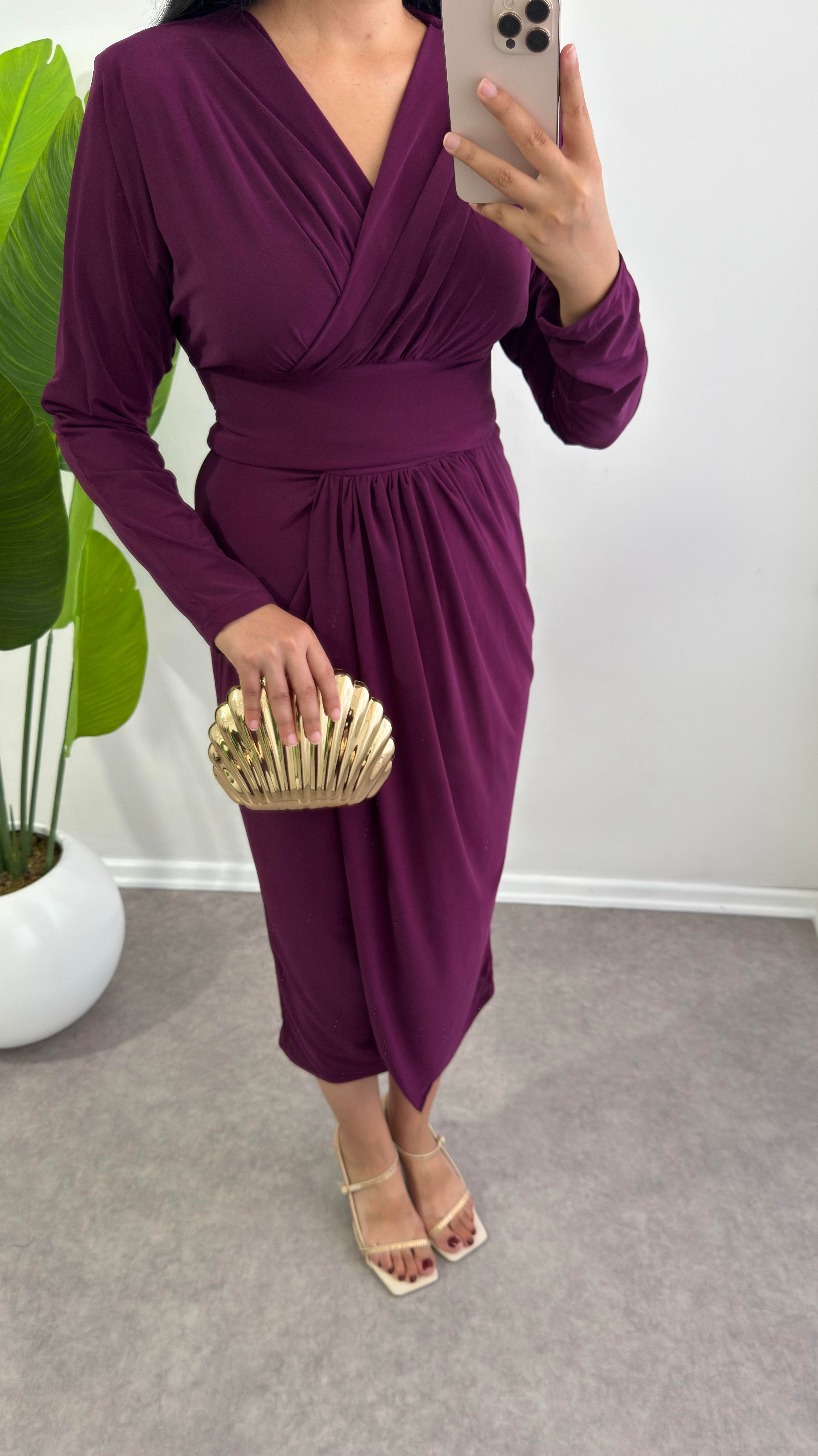 Sendy Kumaş Anvelop Model Mor Elbise 