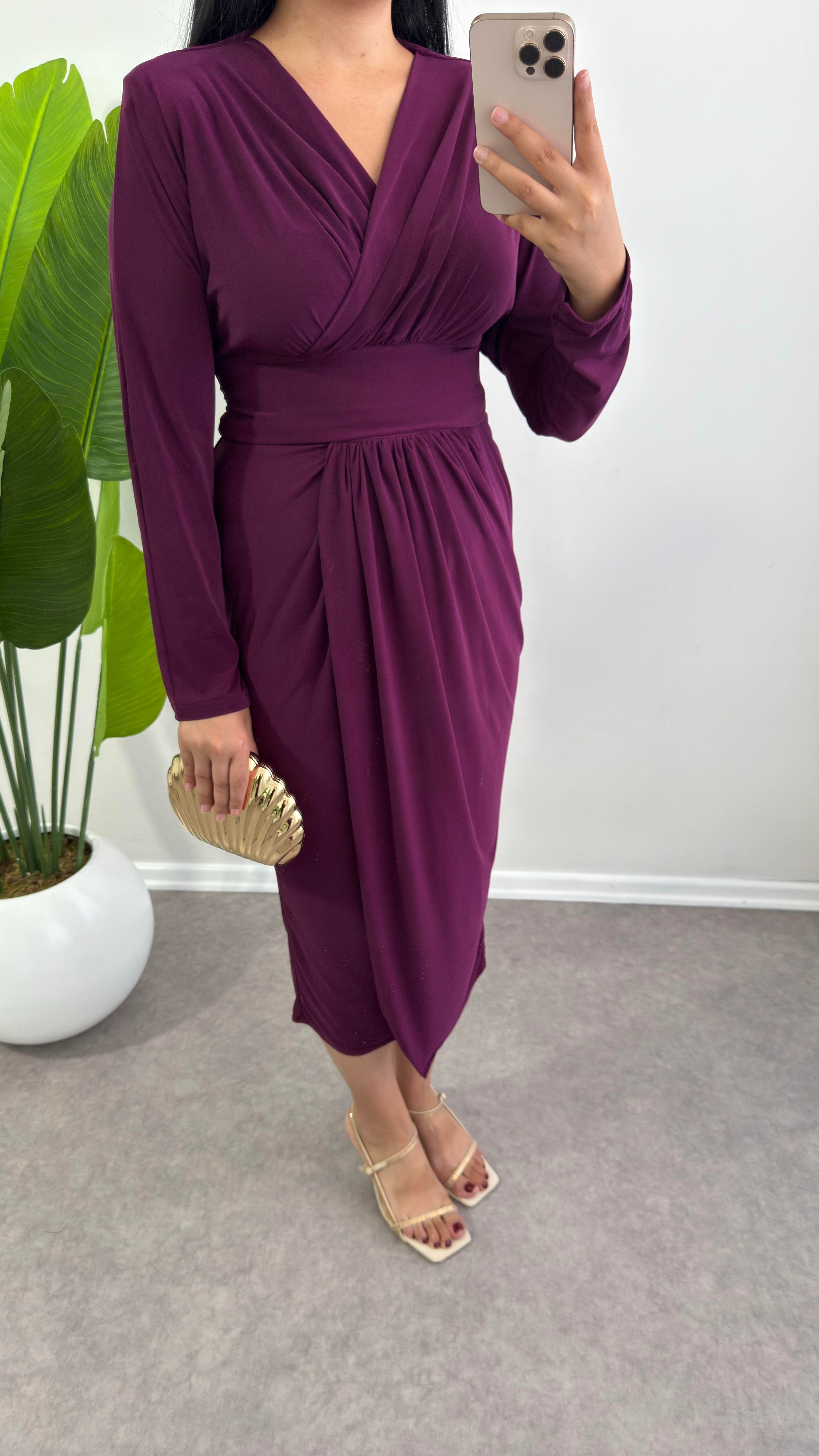 Sendy Kumaş Anvelop Model Mor Elbise 