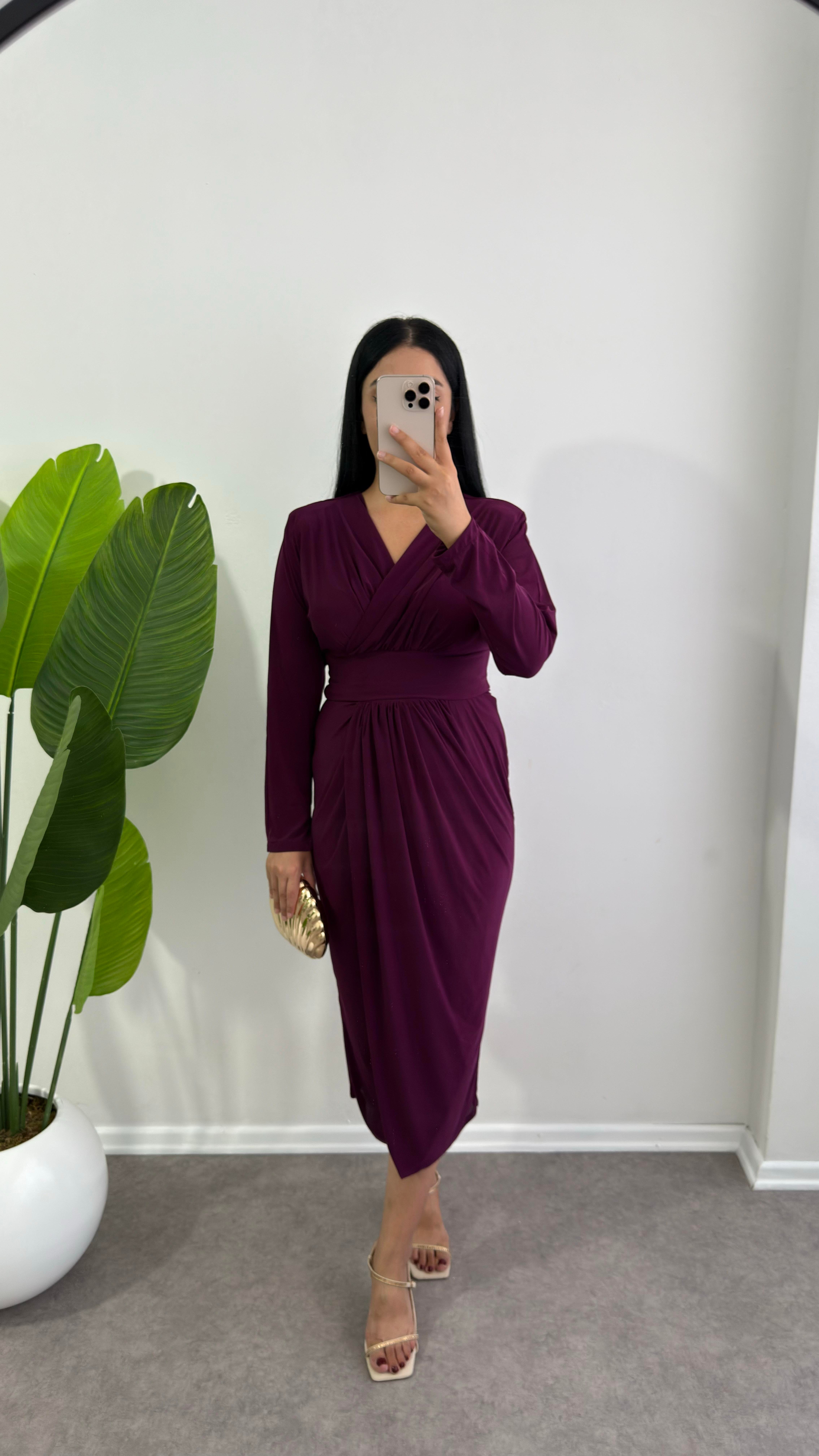 Sendy Kumaş Anvelop Model Mor Elbise 