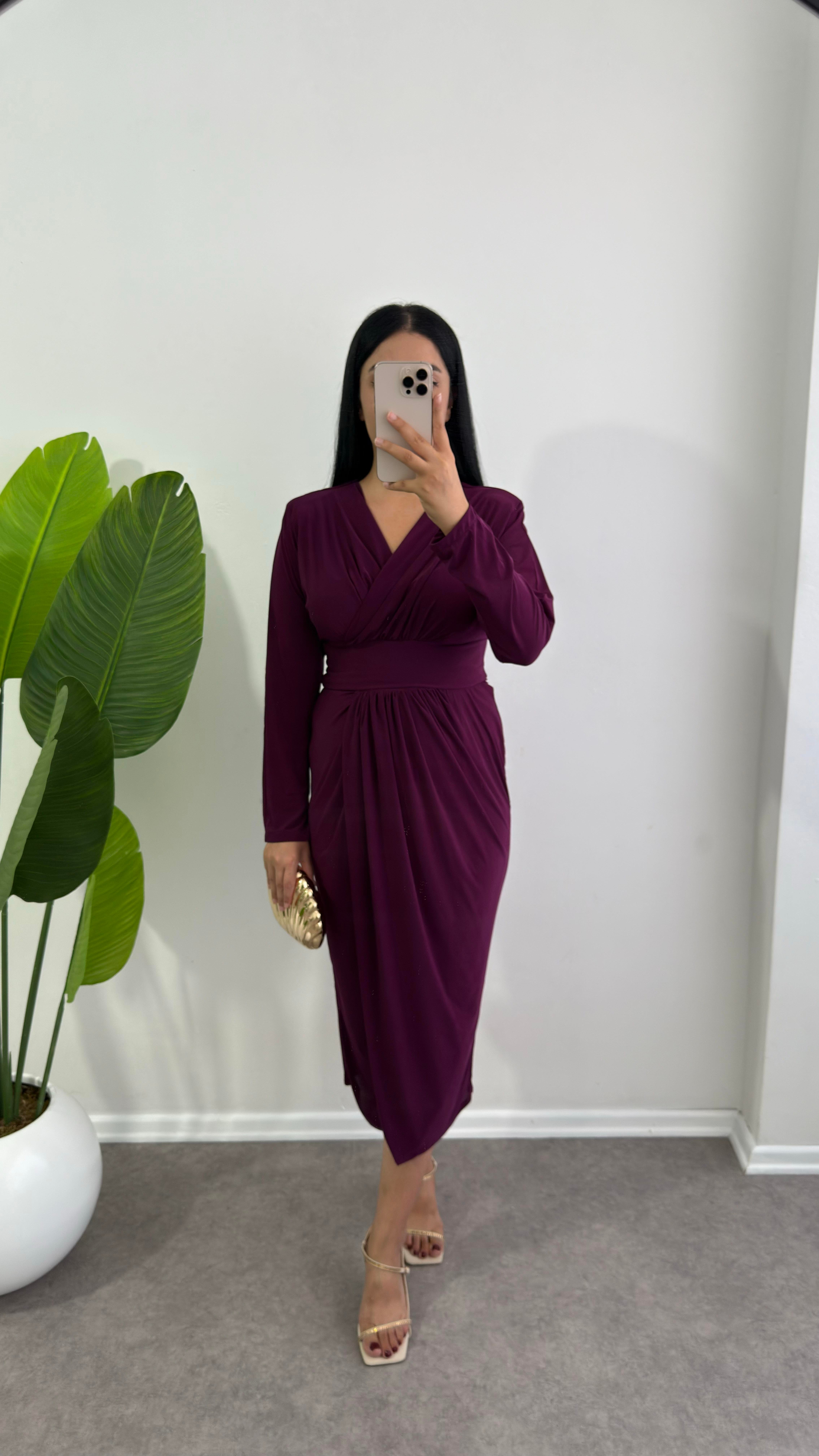 Sendy Kumaş Anvelop Model Mor Elbise 