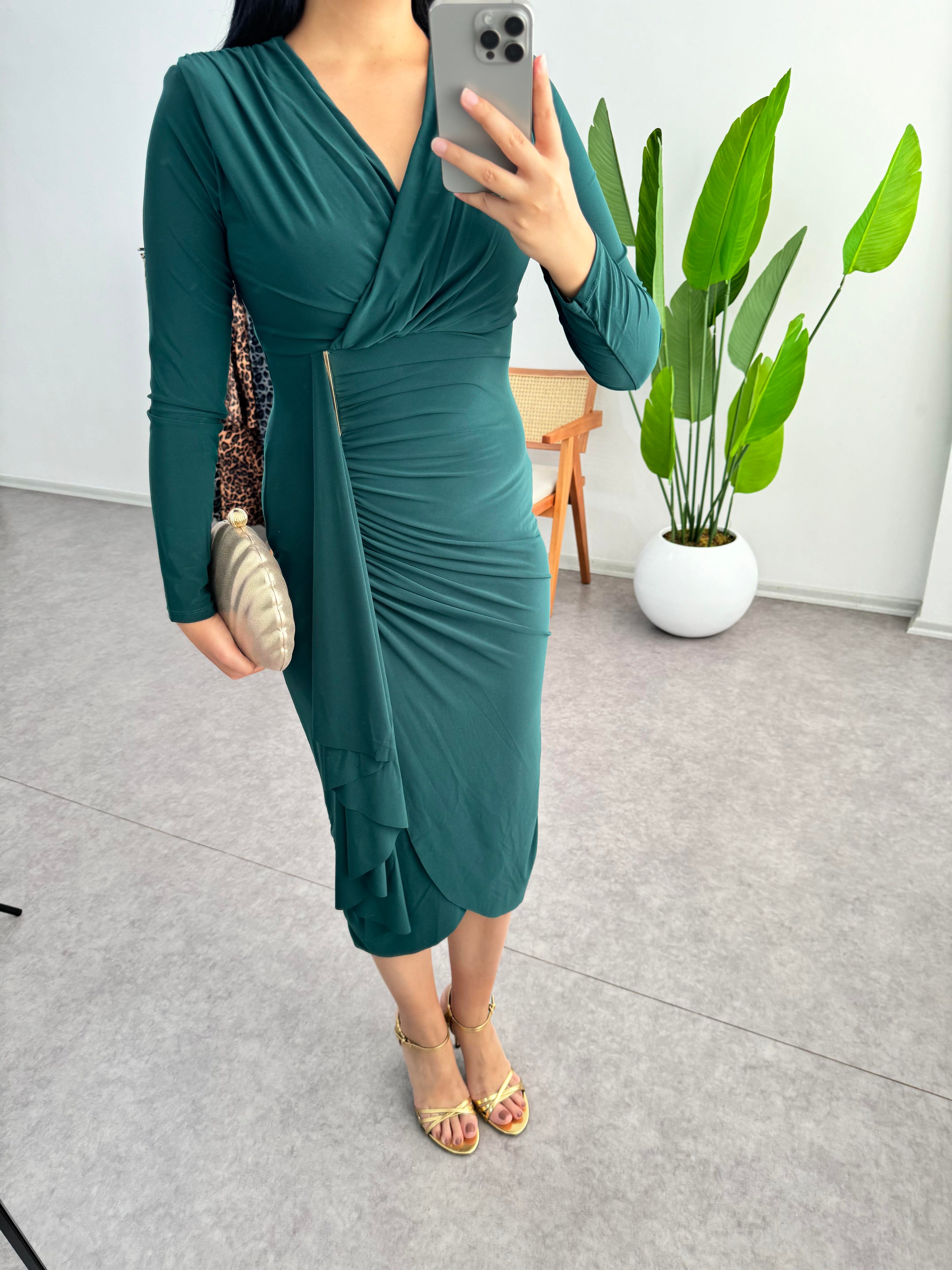 Sendy Kumaş Yeşil Elbise 