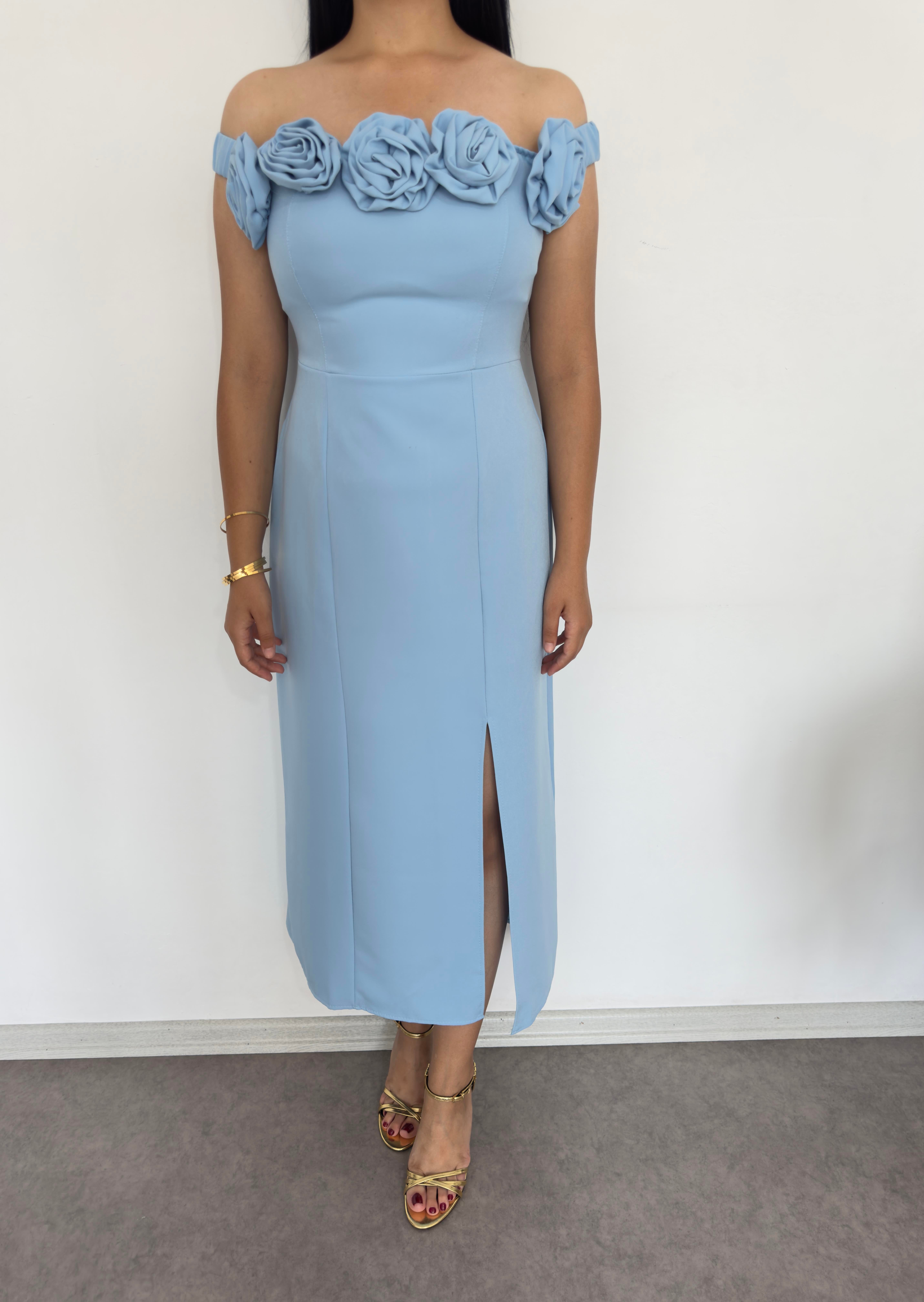 Sera Çiçekli Mavi Elbise 