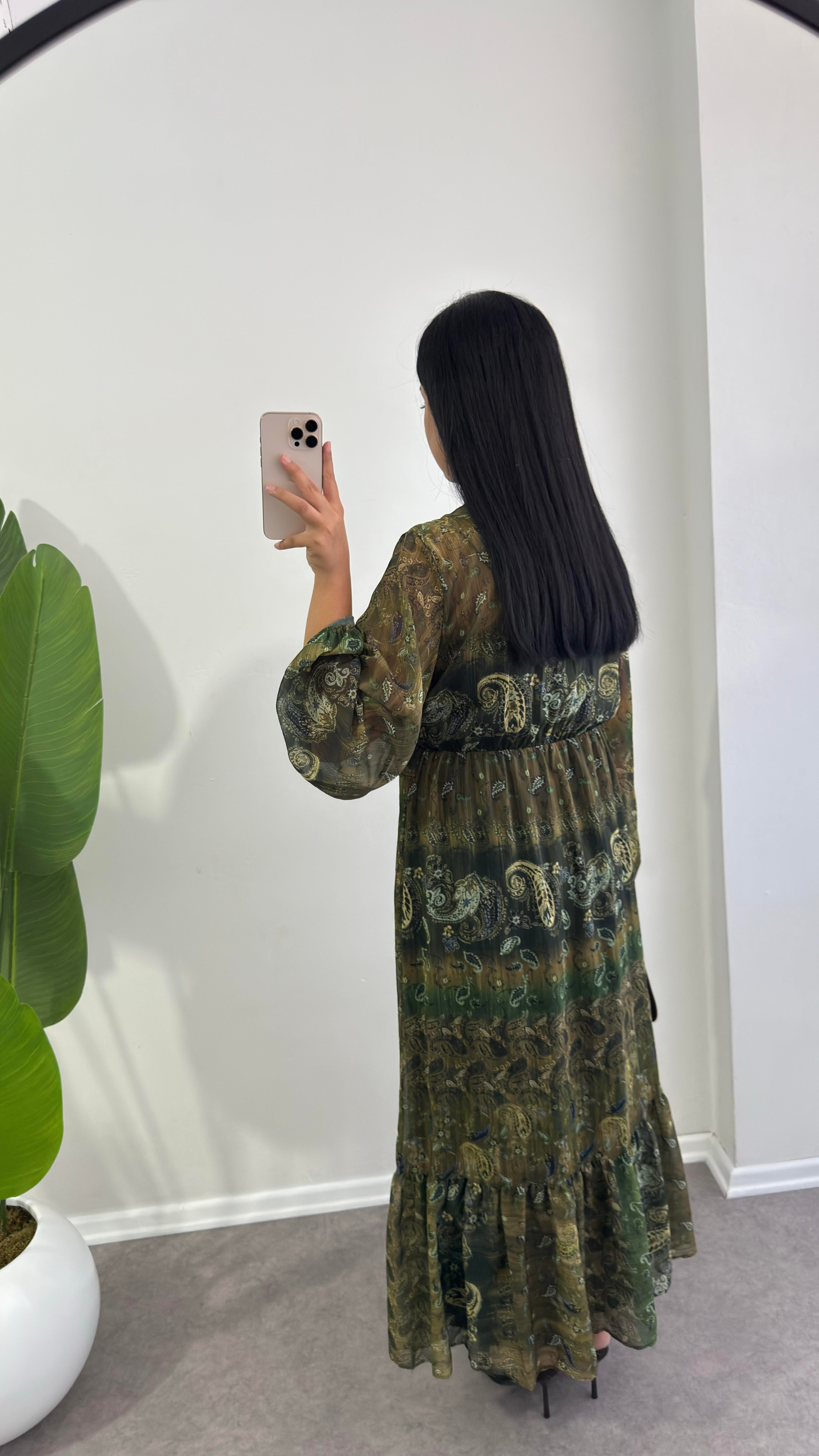 Şifon Lef Yeşil Elbise