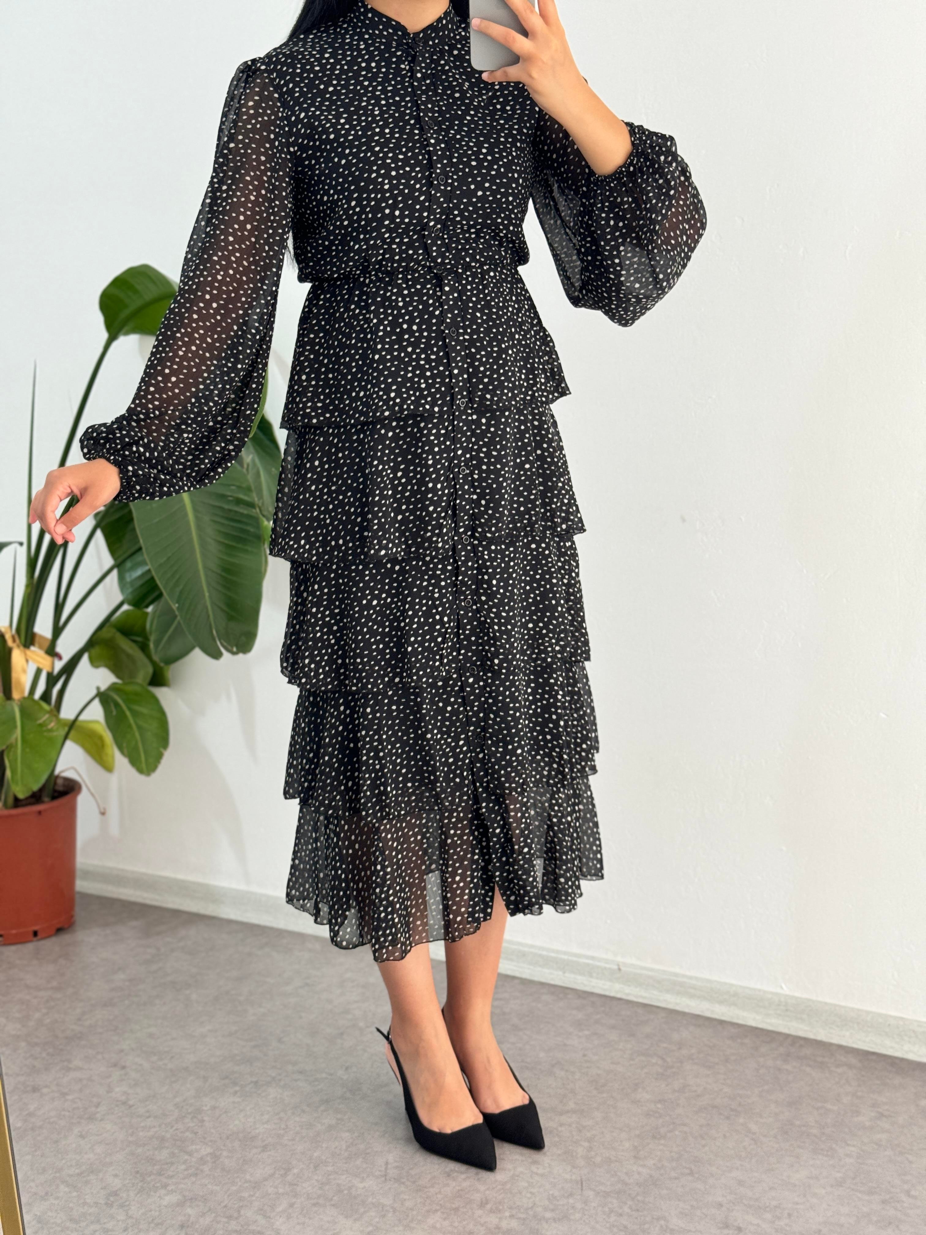 Şifon Siyah Kat Kat Elbise