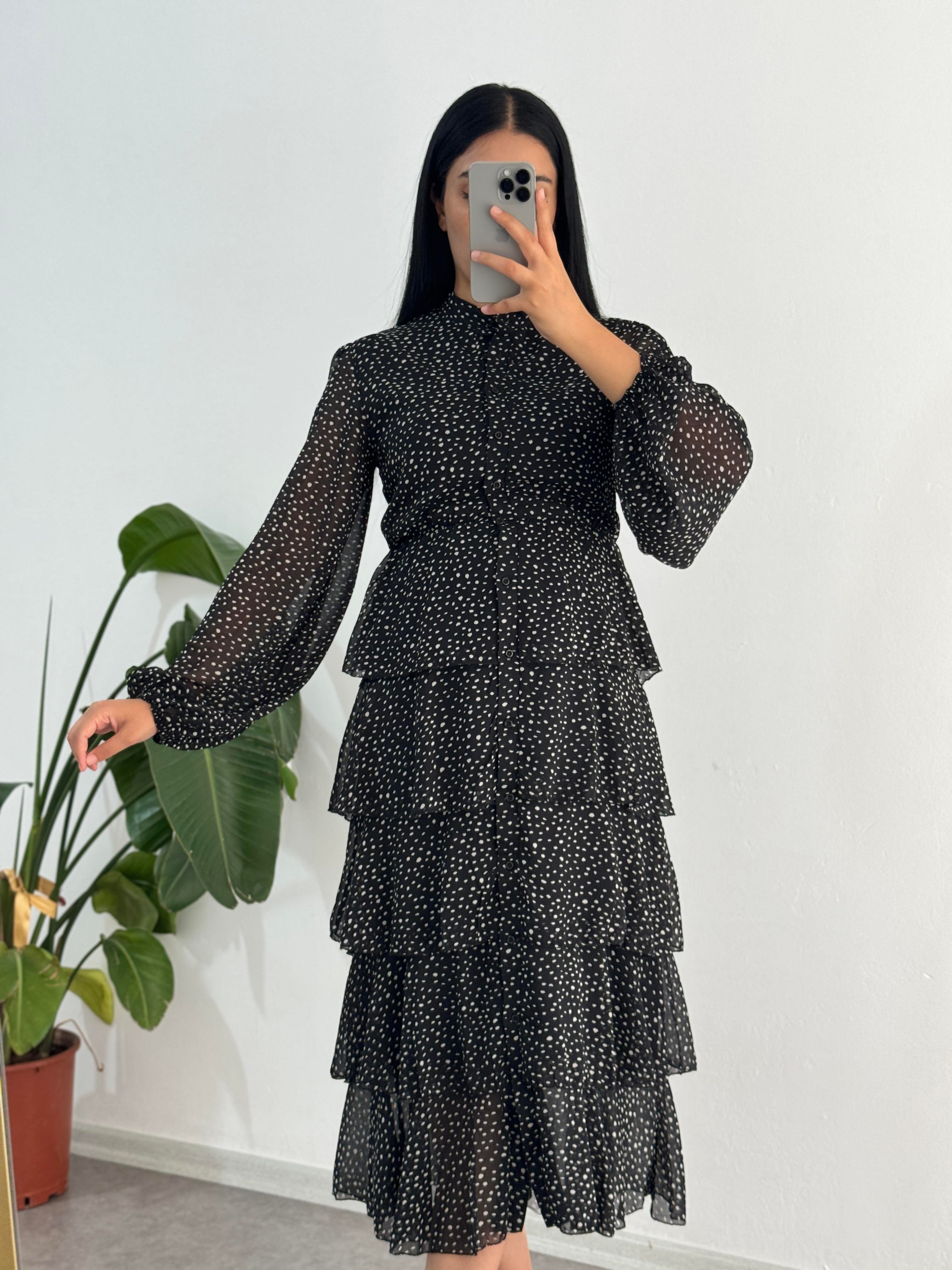 Şifon Siyah Kat Kat Elbise