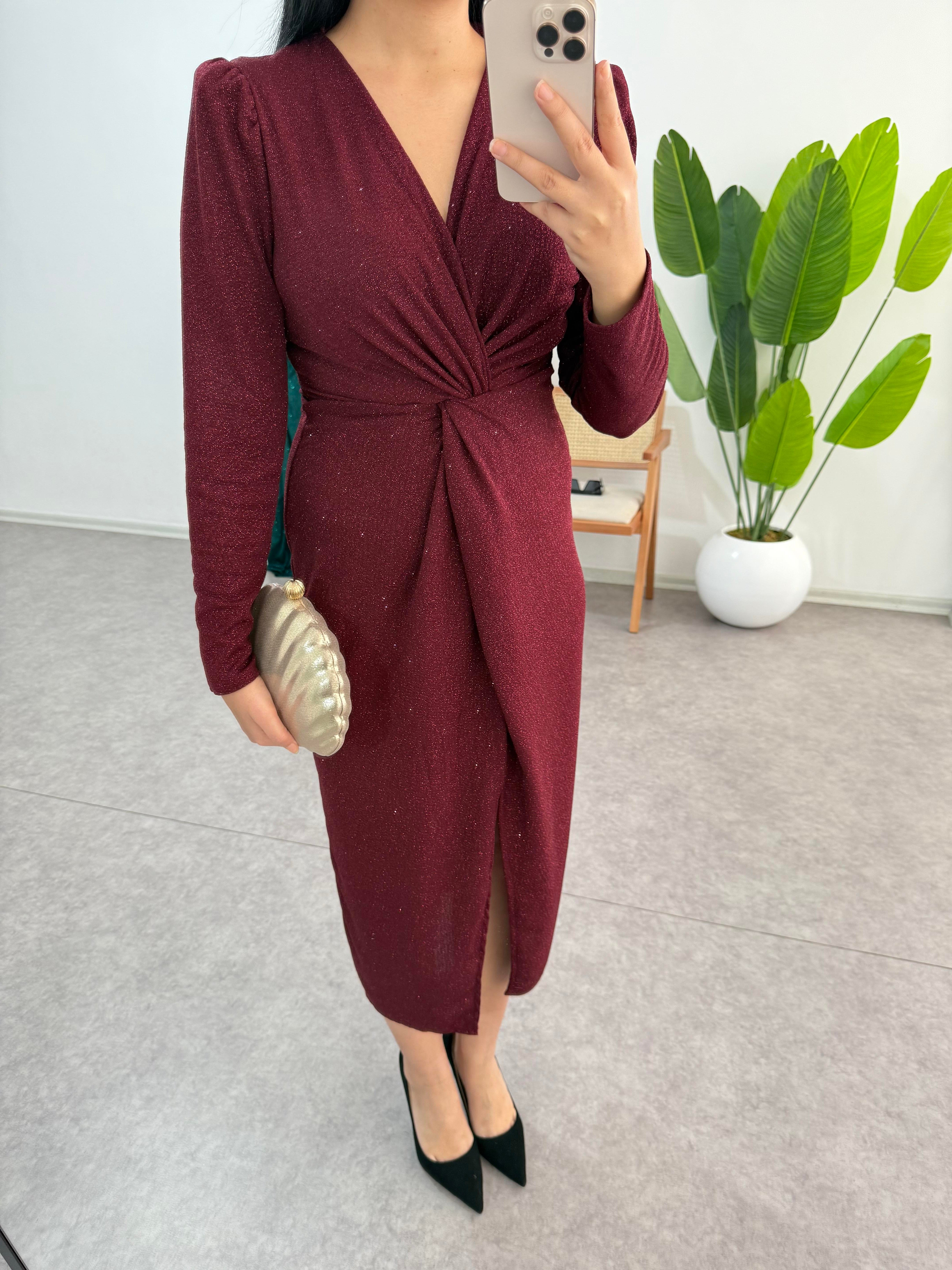 Simli Bordo Desi Elbise