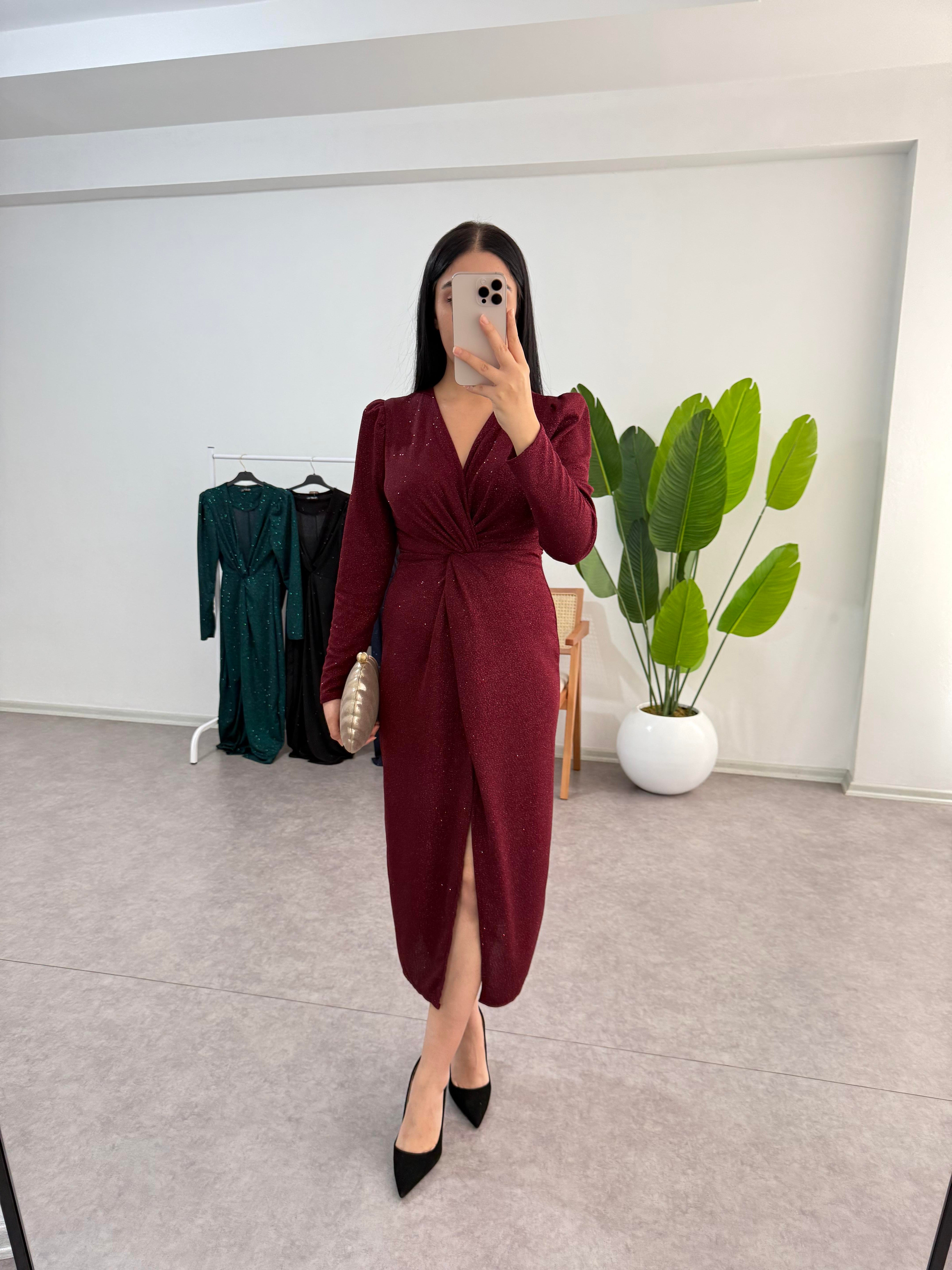 Simli Bordo Desi Elbise