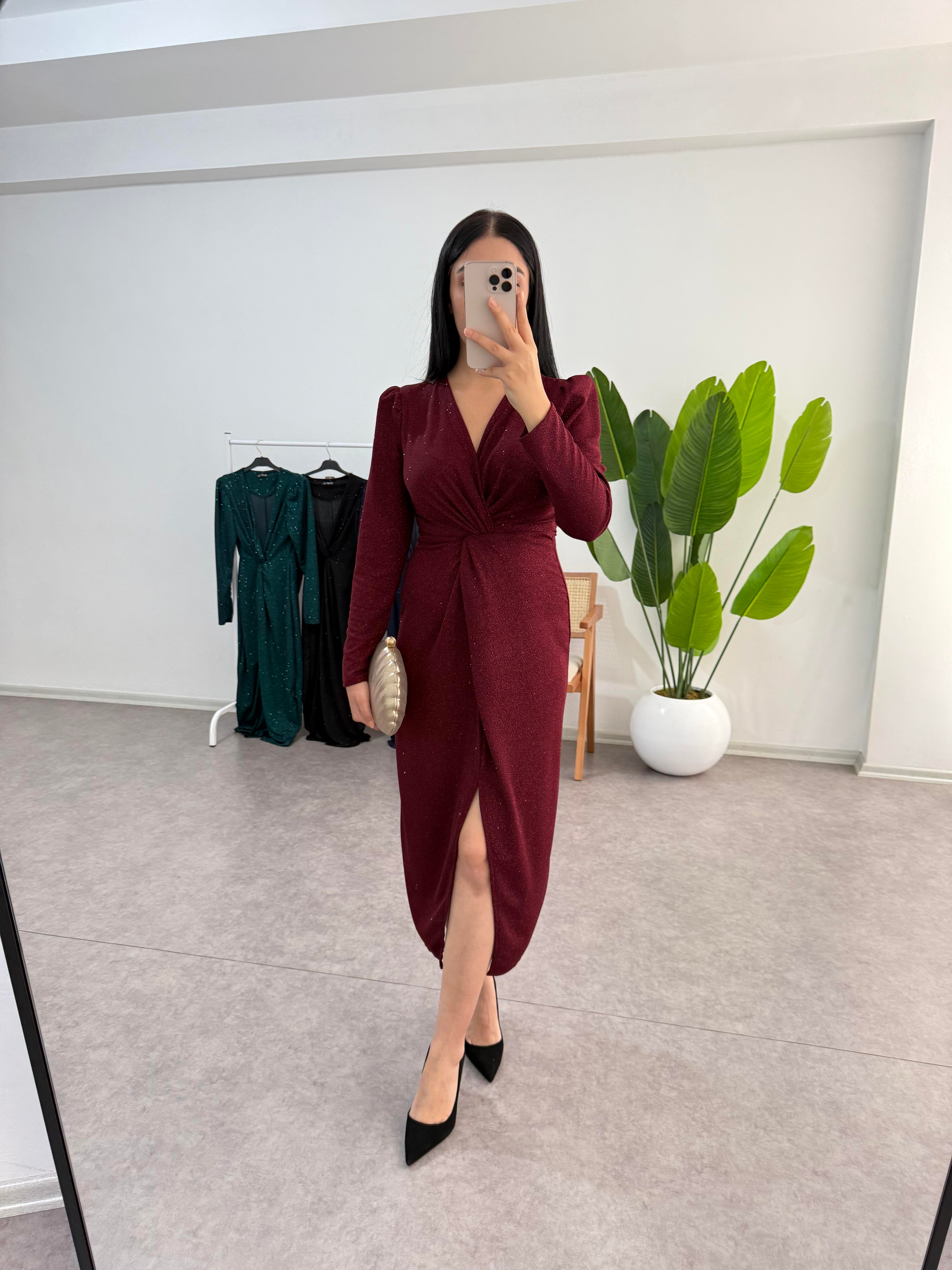 Simli Bordo Desi Elbise