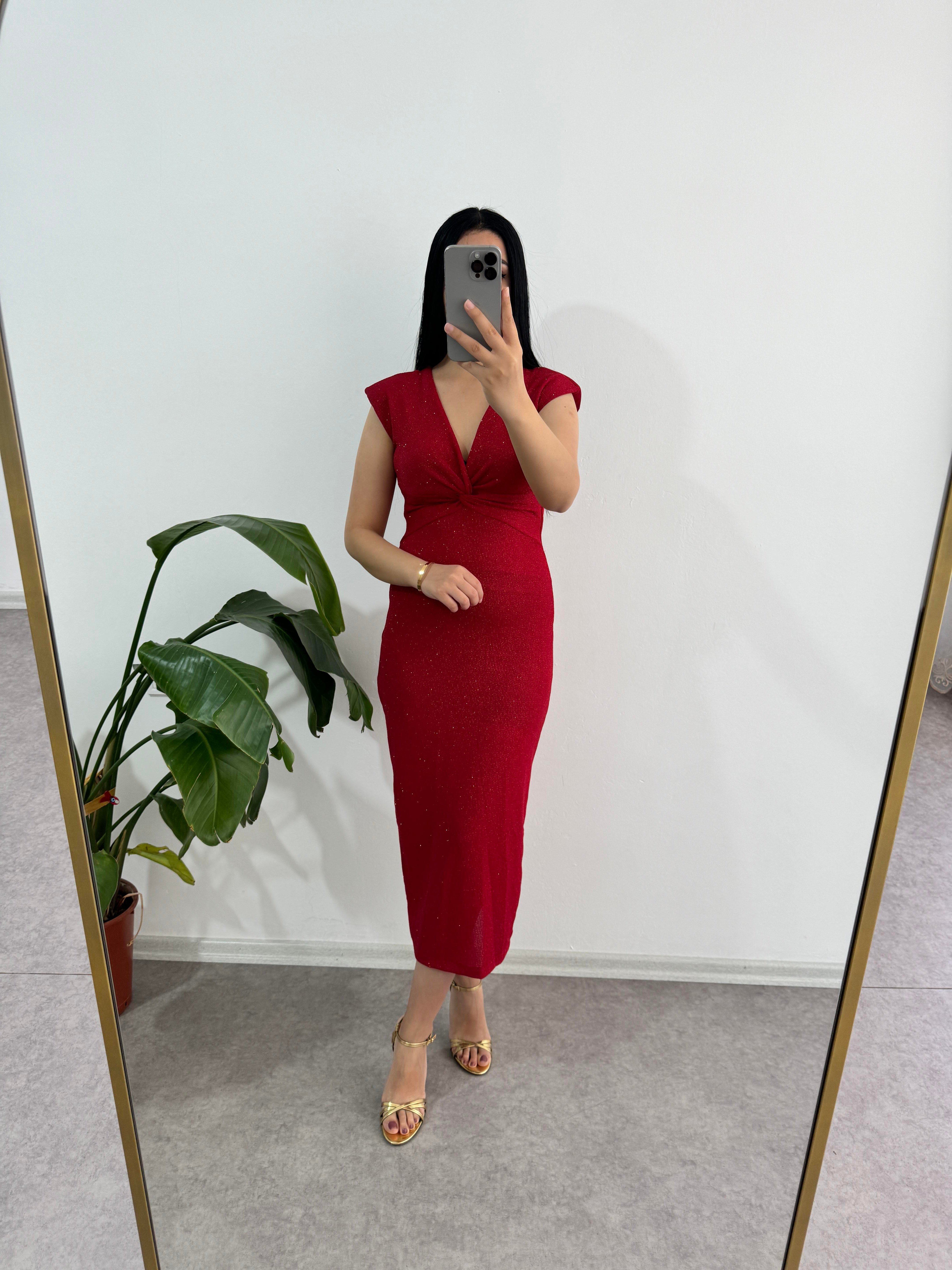 Simli Kırmızı Elbise