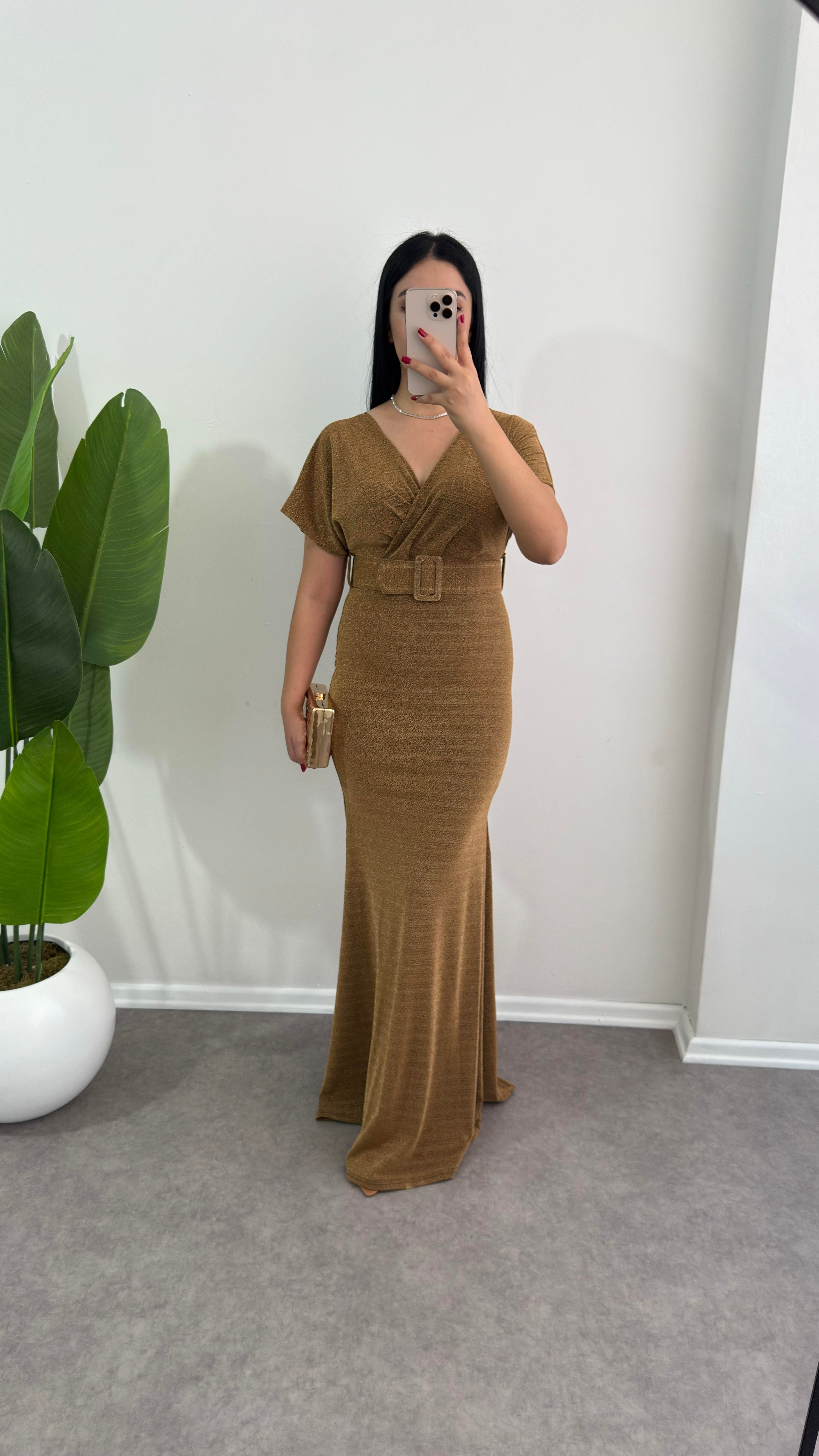 Simli Lera Gold Elbise