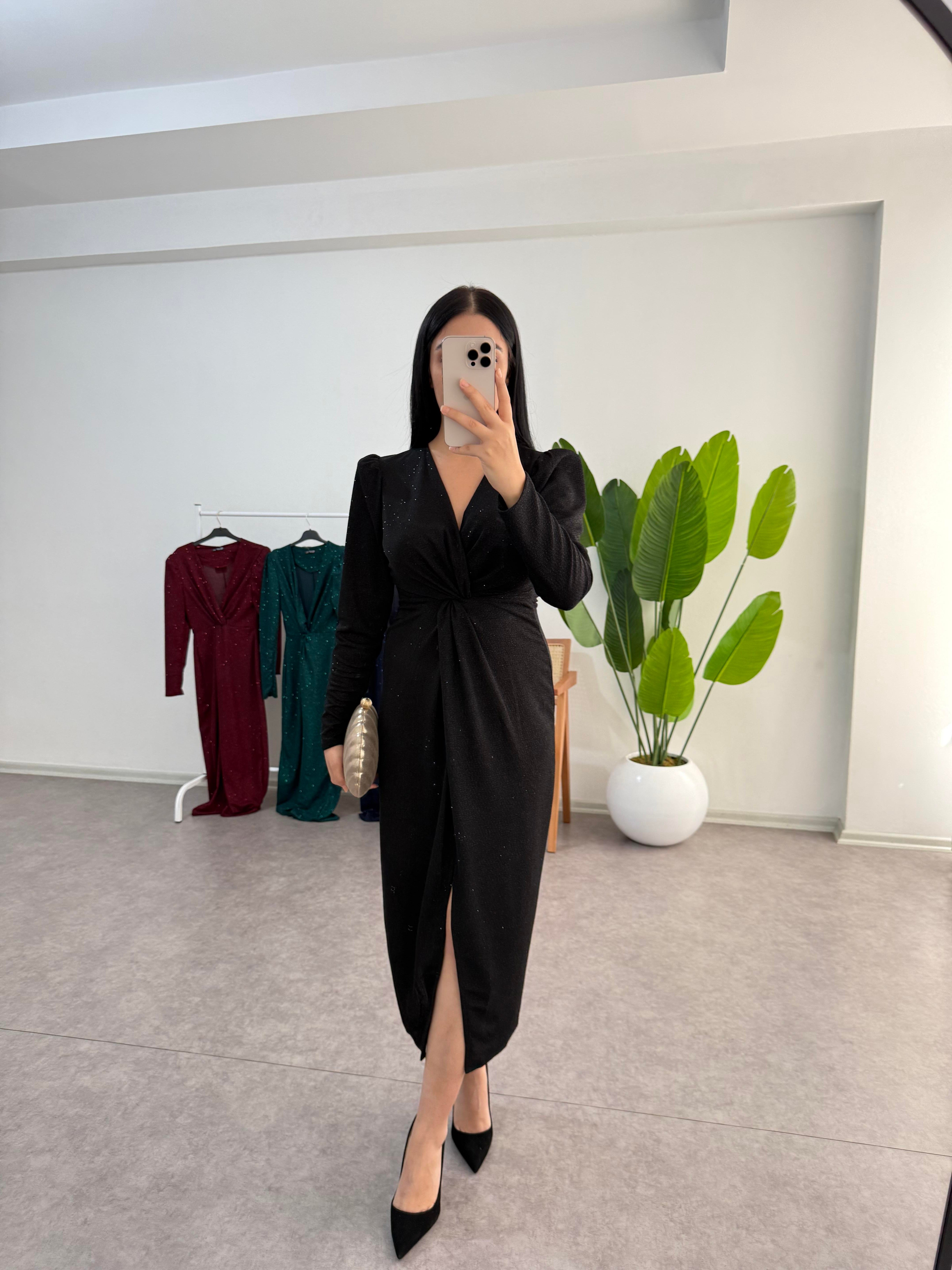 Simli Siyah Desi Elbise 