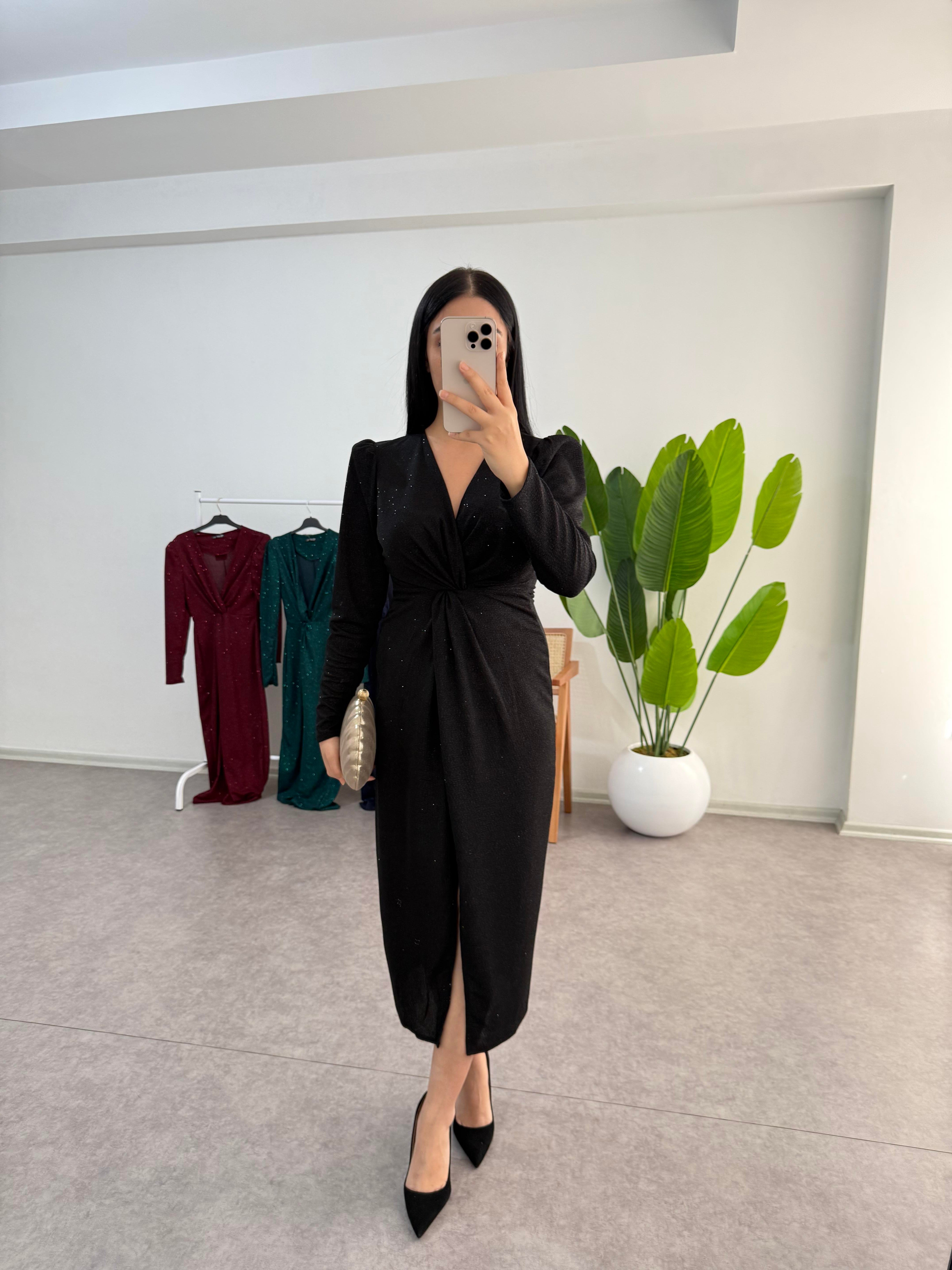 Simli Siyah Desi Elbise 