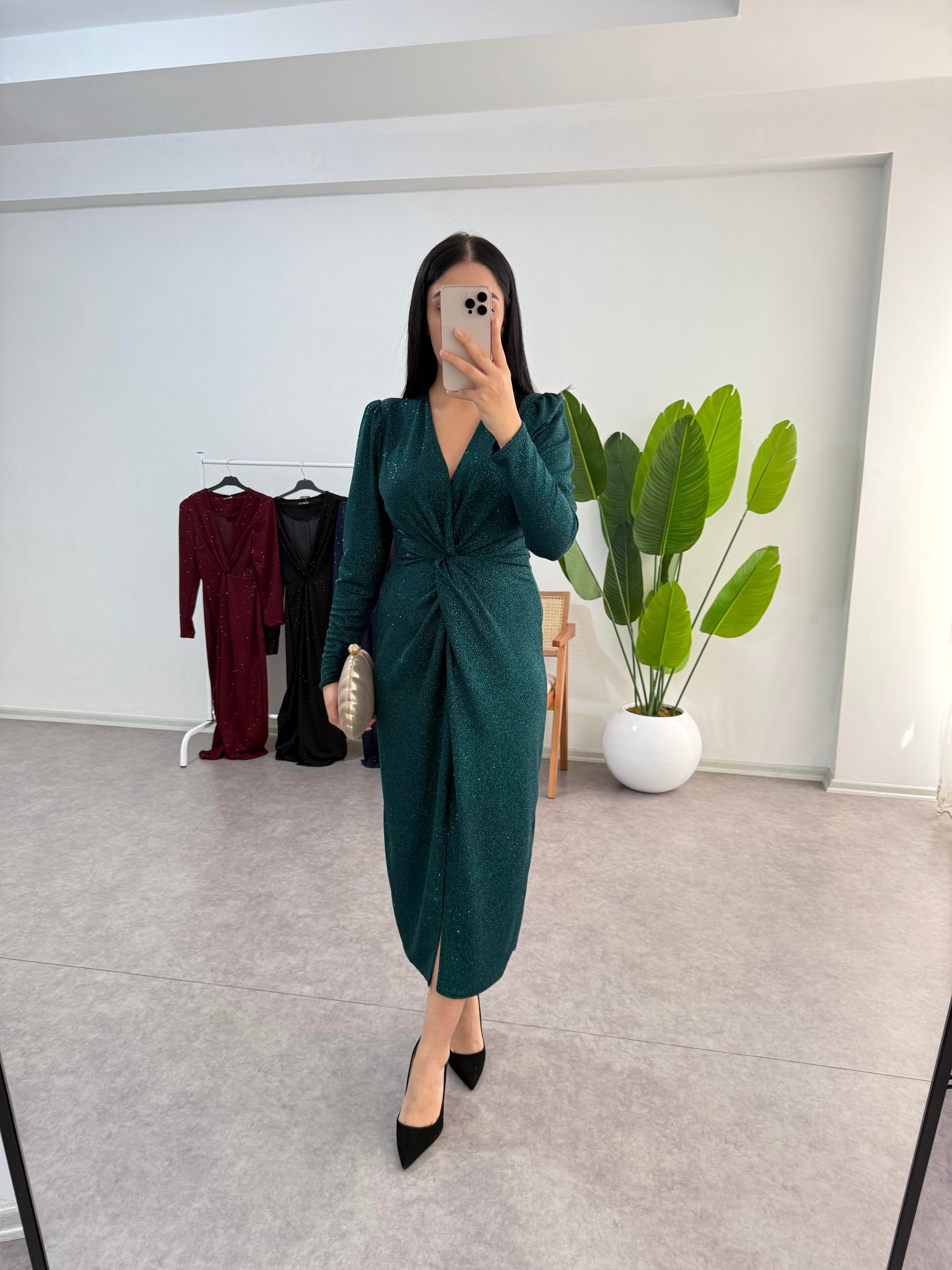 Simli Yeşil Desi Elbise