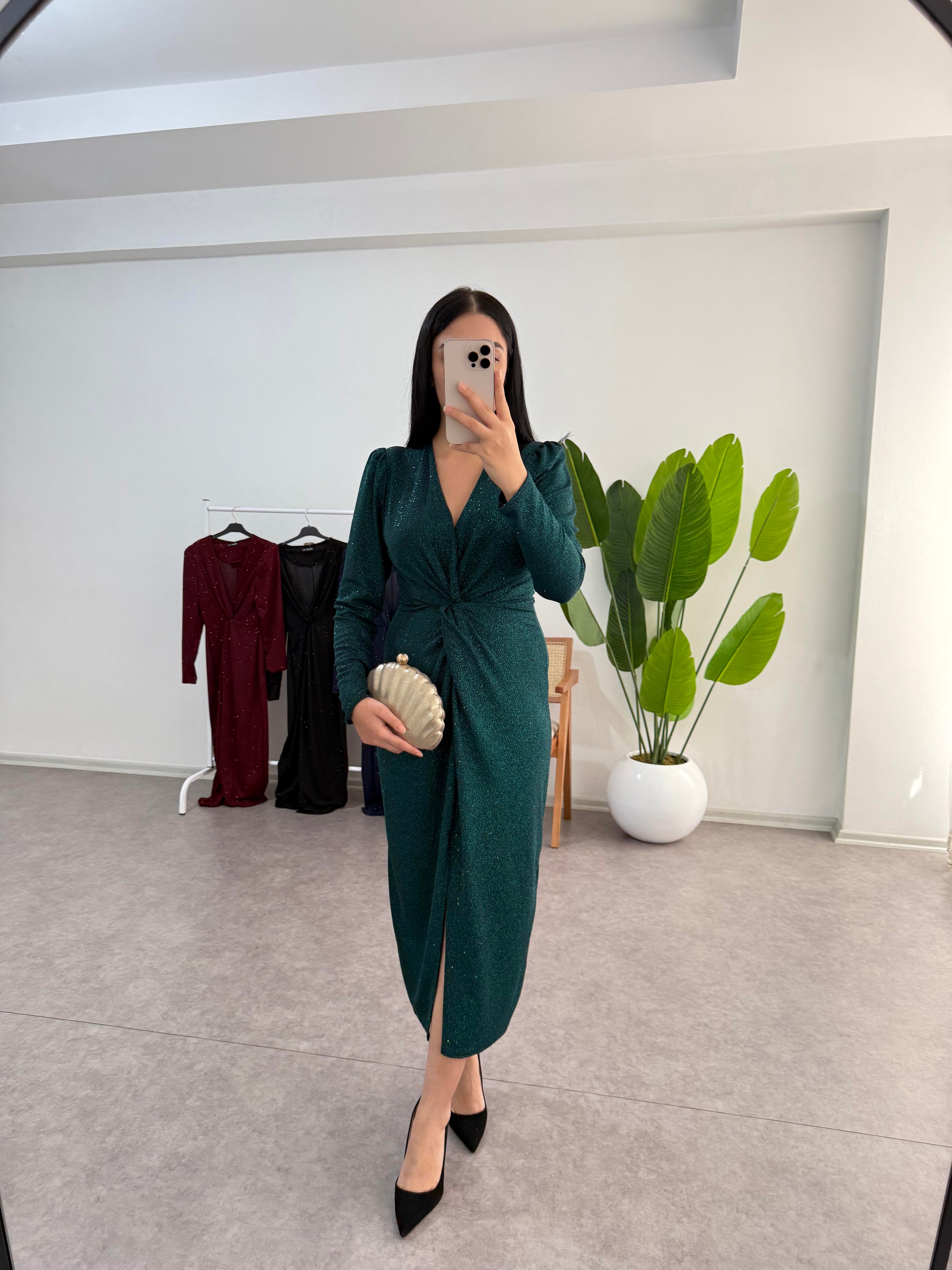 Simli Yeşil Desi Elbise