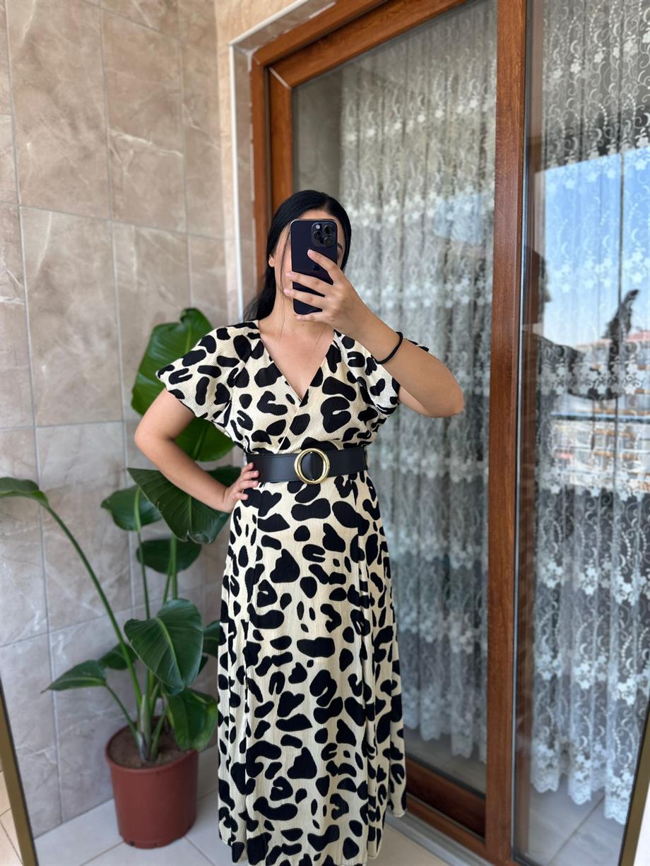 SİYAH KREM DEZENLİ ELBİSE