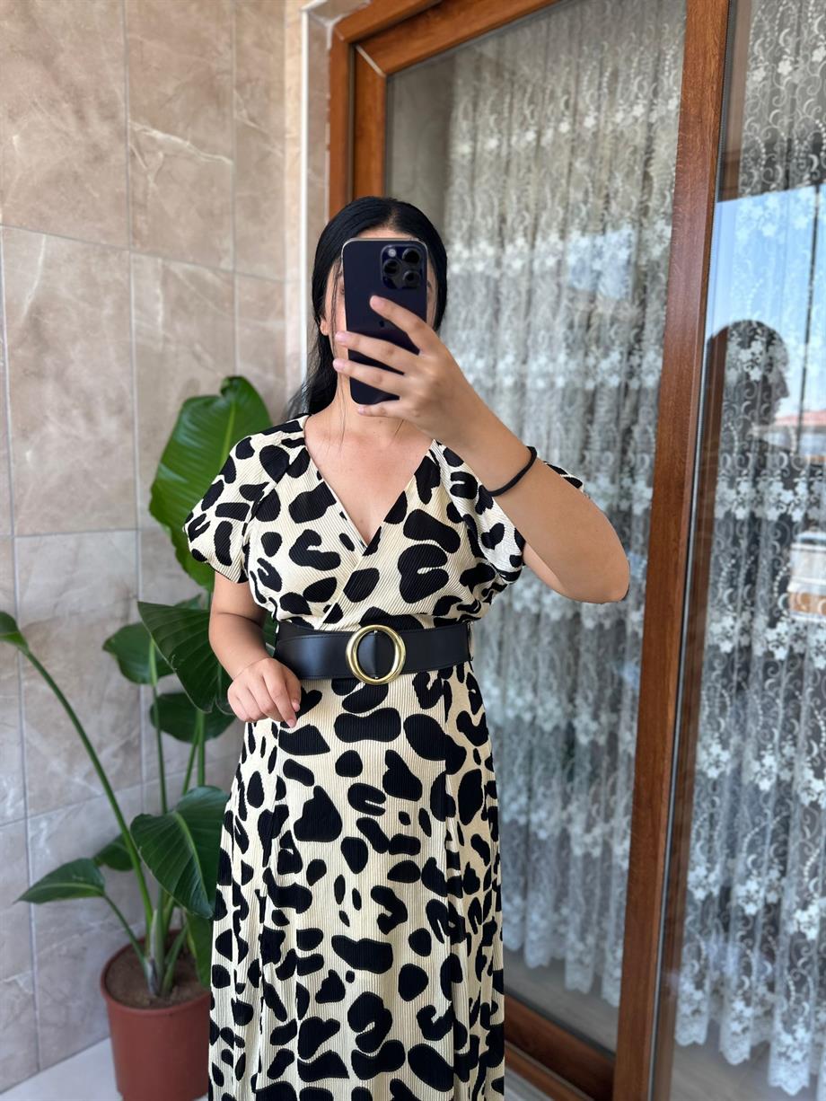 SİYAH KREM DEZENLİ ELBİSE