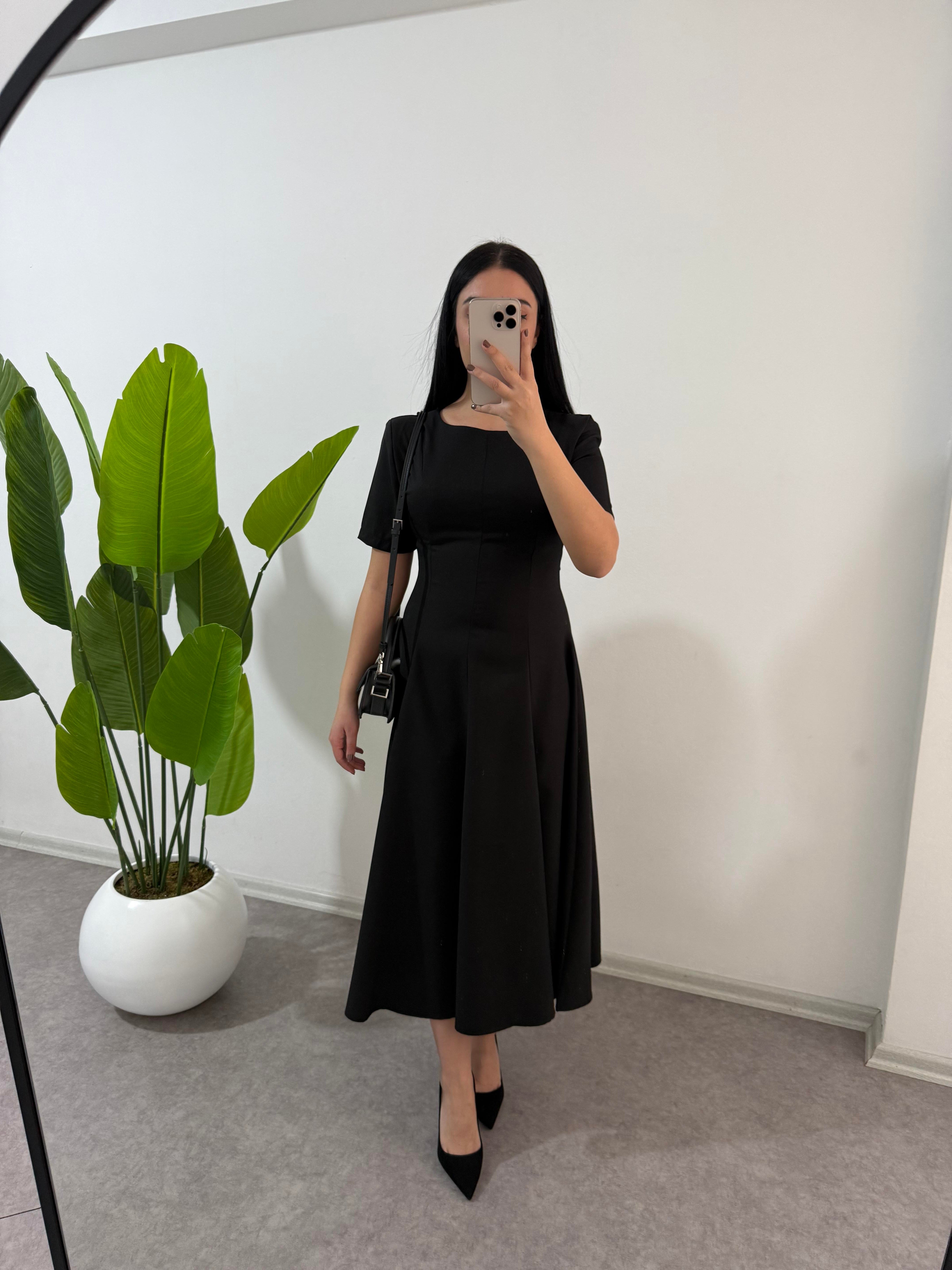 Siyah Setre Midi Boy Elbise