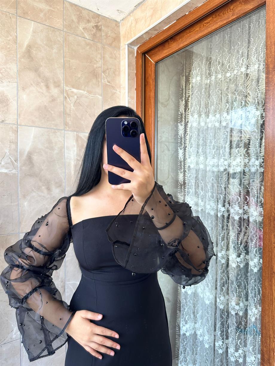 SİYAH TÜL KOL ELBİSE