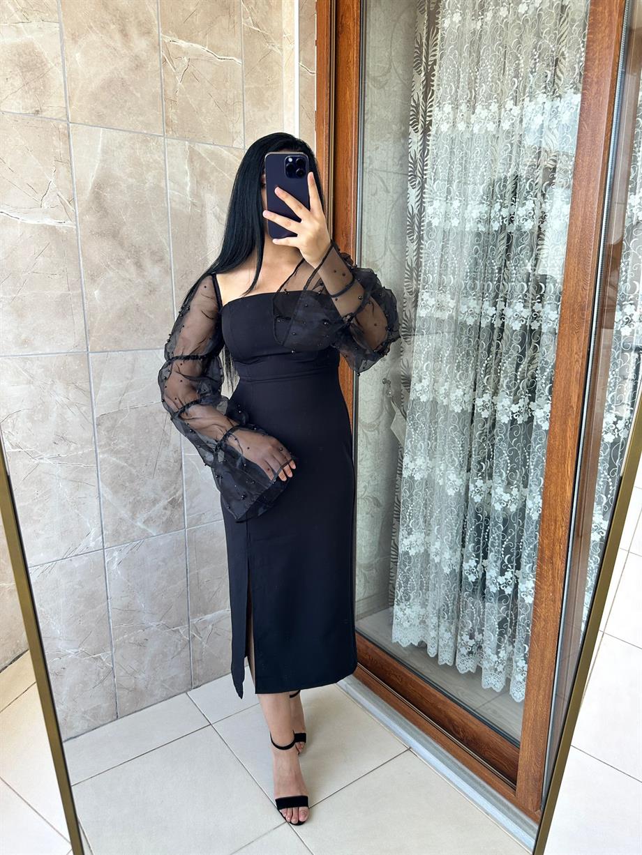 SİYAH TÜL KOL ELBİSE