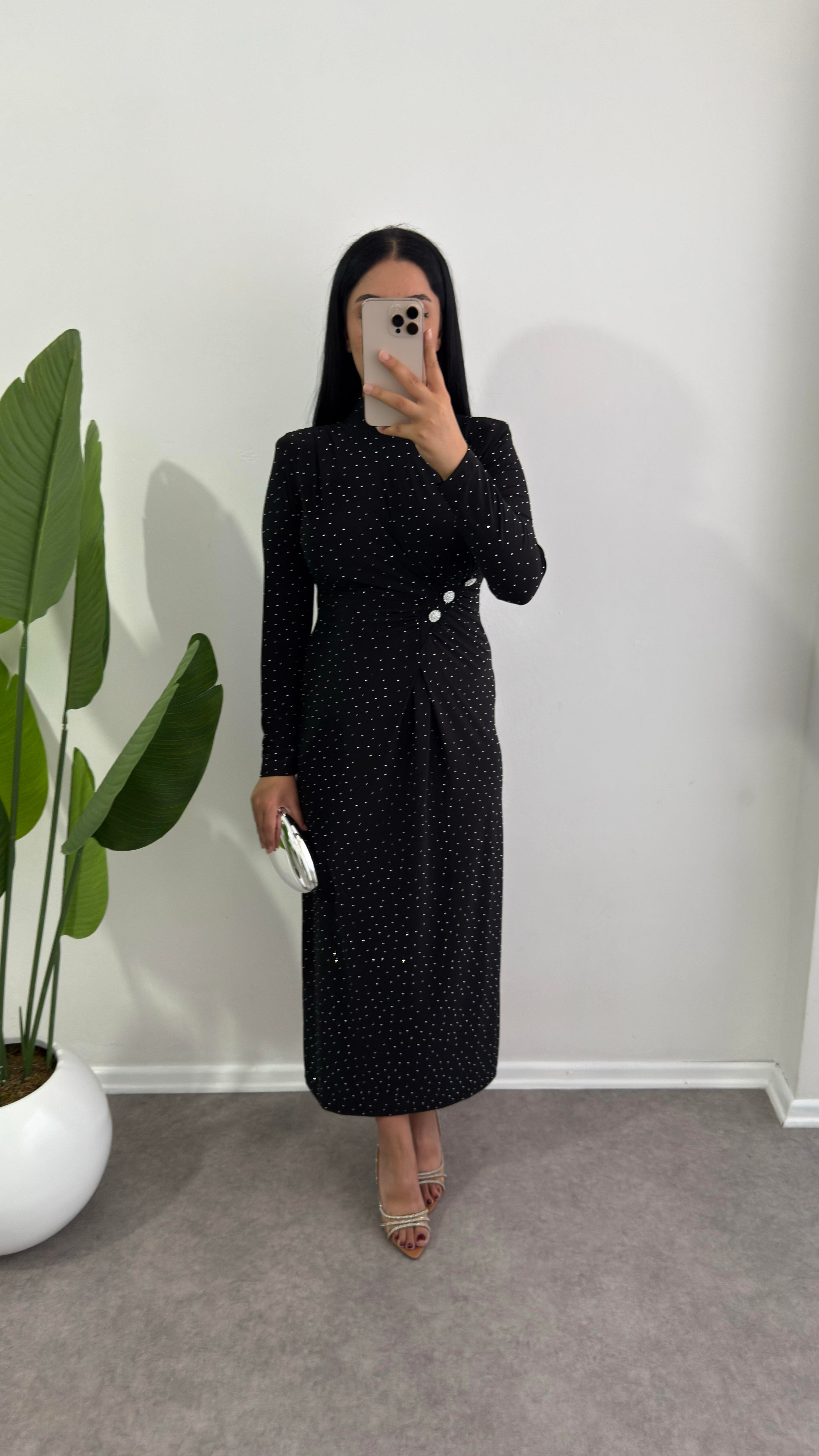 Taşlı Berzi Siyah Elbise