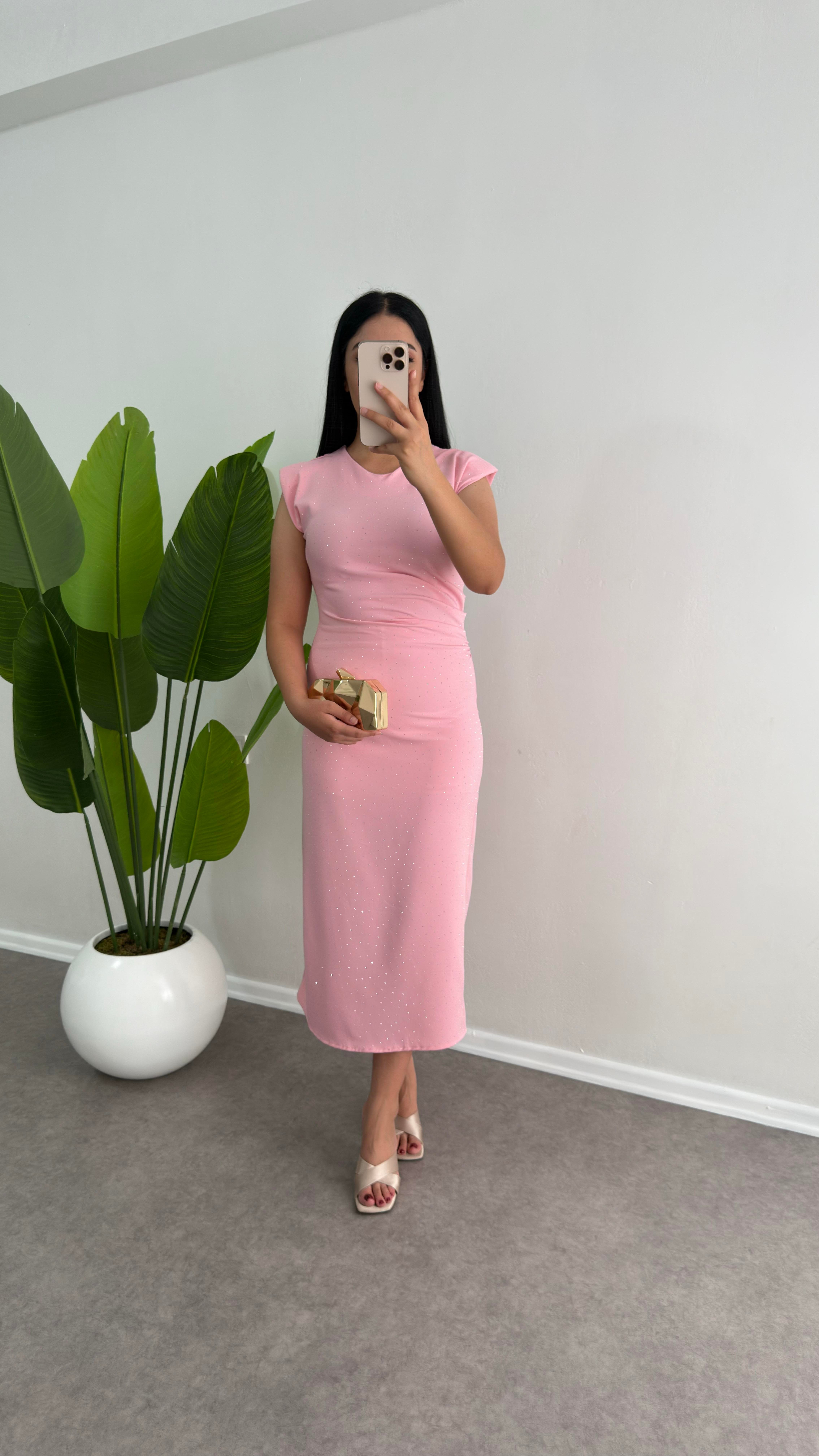 Taşlı Krep Kumaş Pembe Elbise