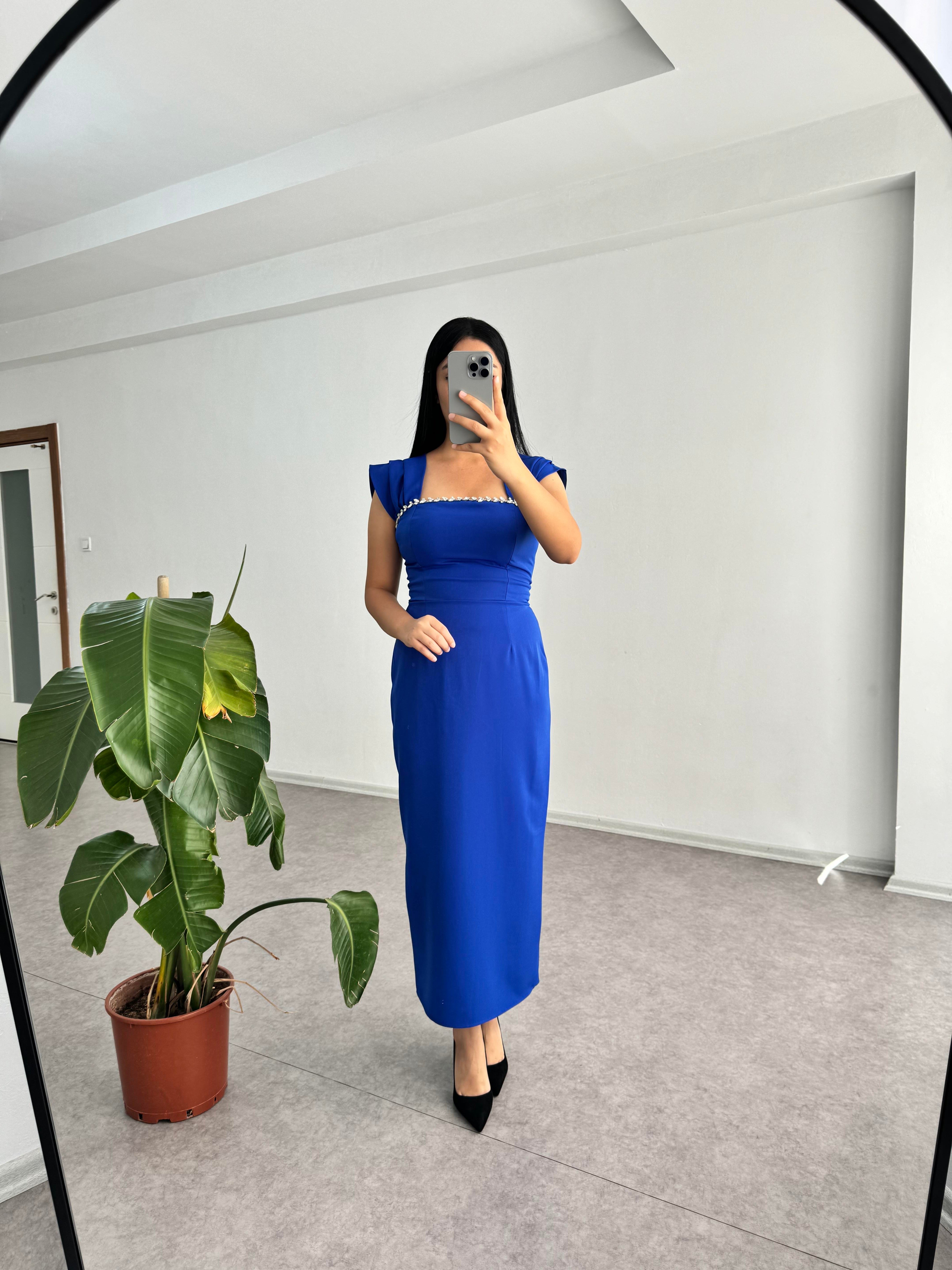 Taşlı Mavi Janel Elbise