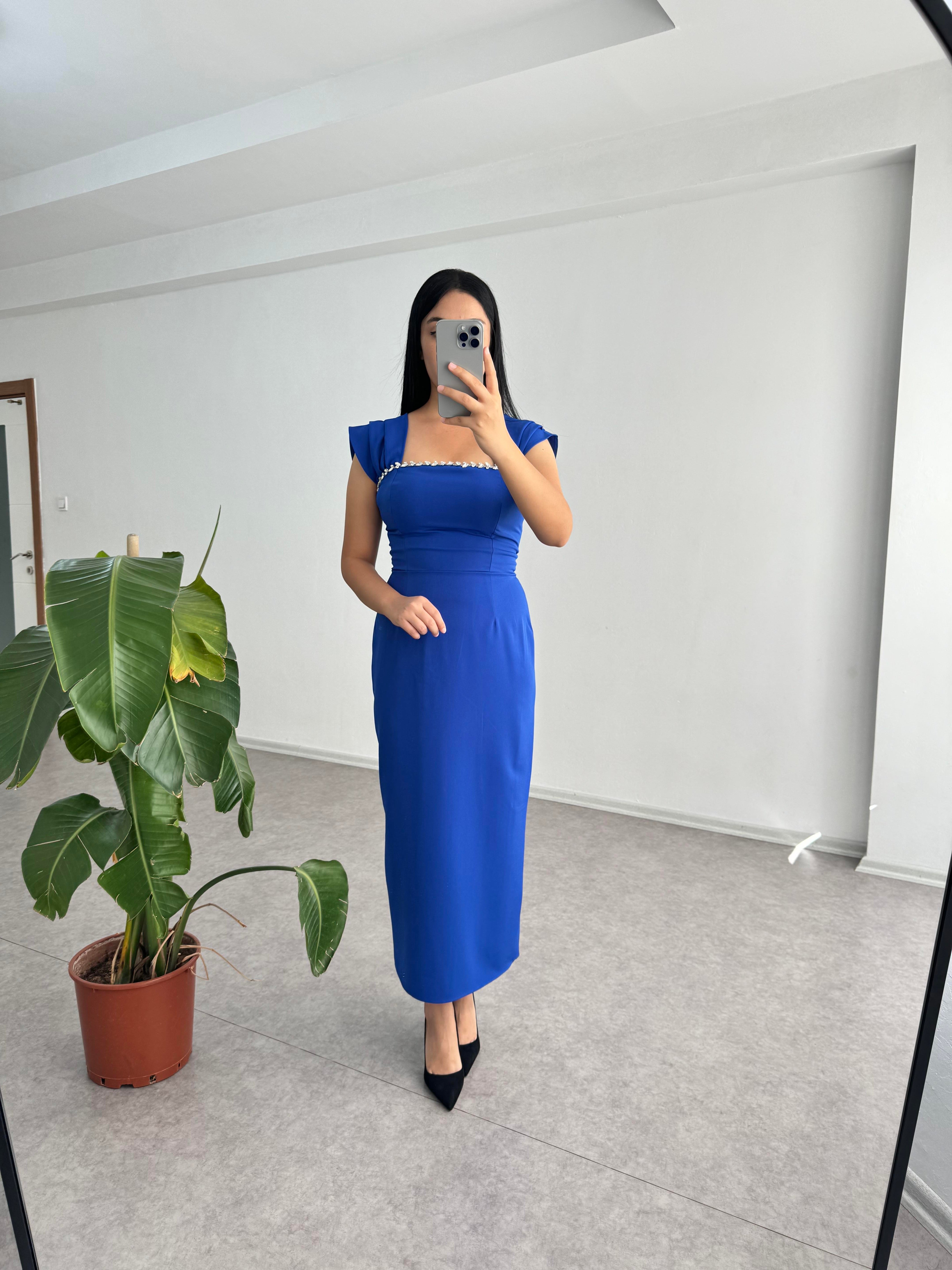 Taşlı Mavi Janel Elbise