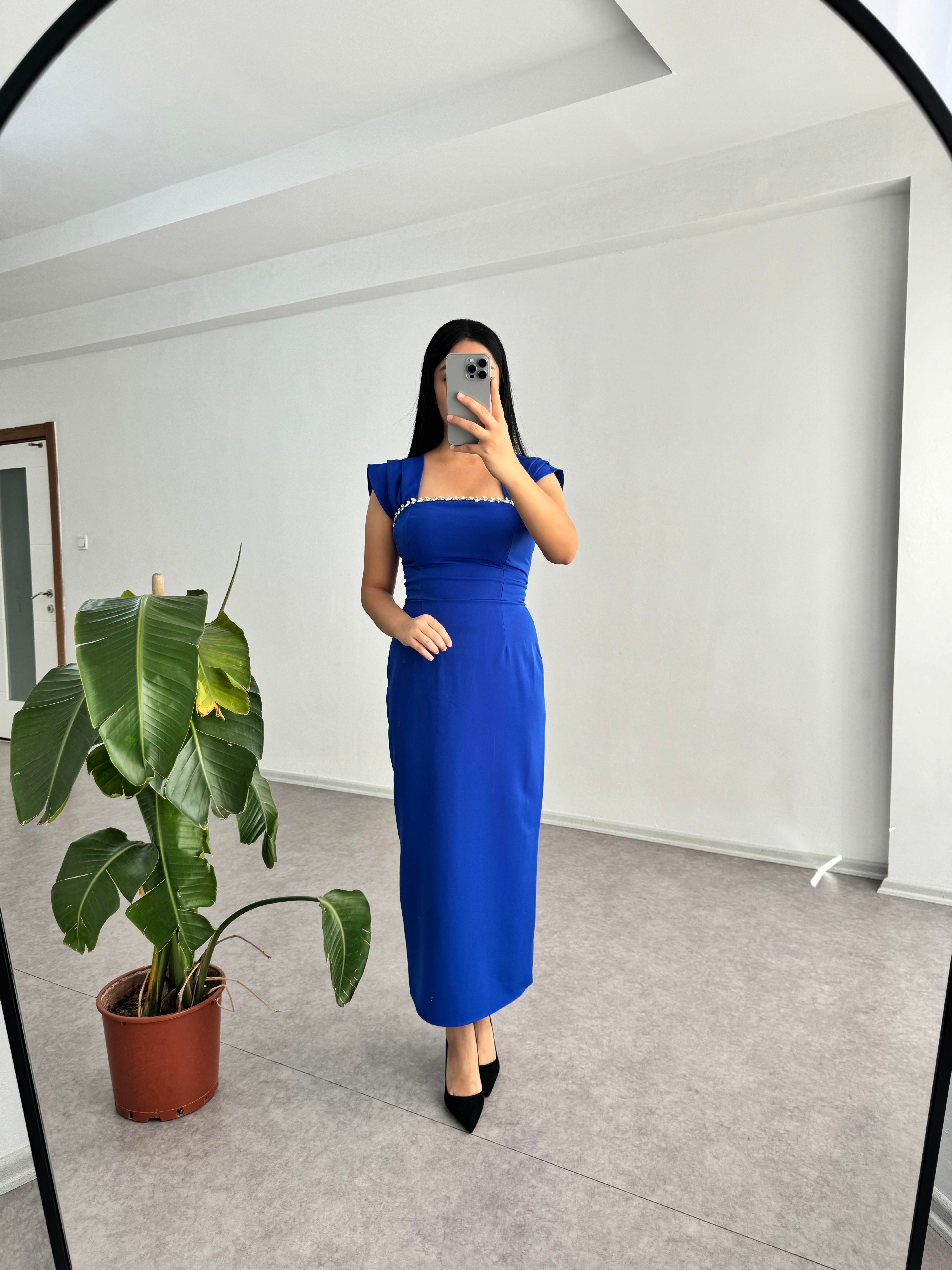 Taşlı Mavi Janel Elbise