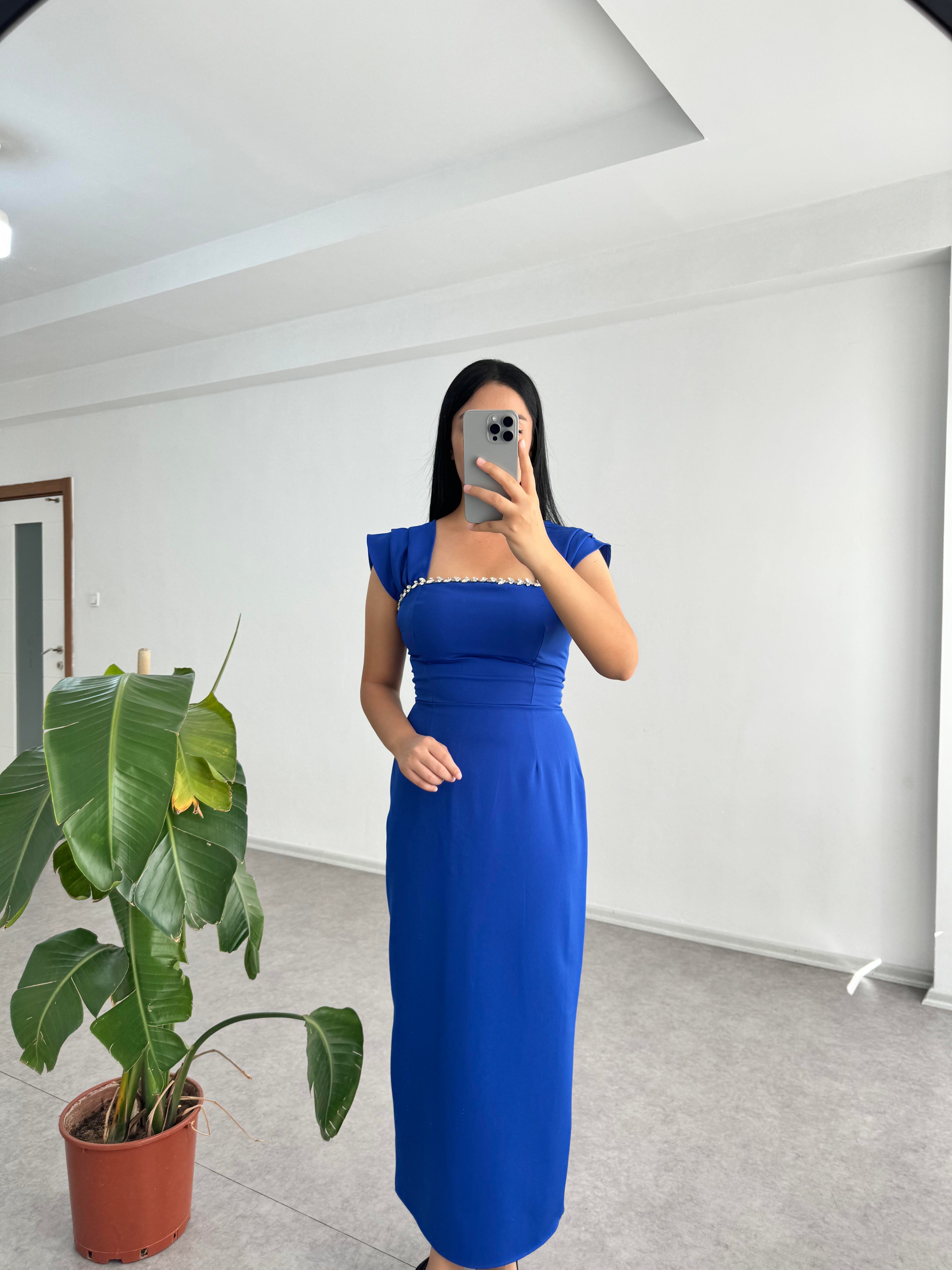 Taşlı Mavi Janel Elbise