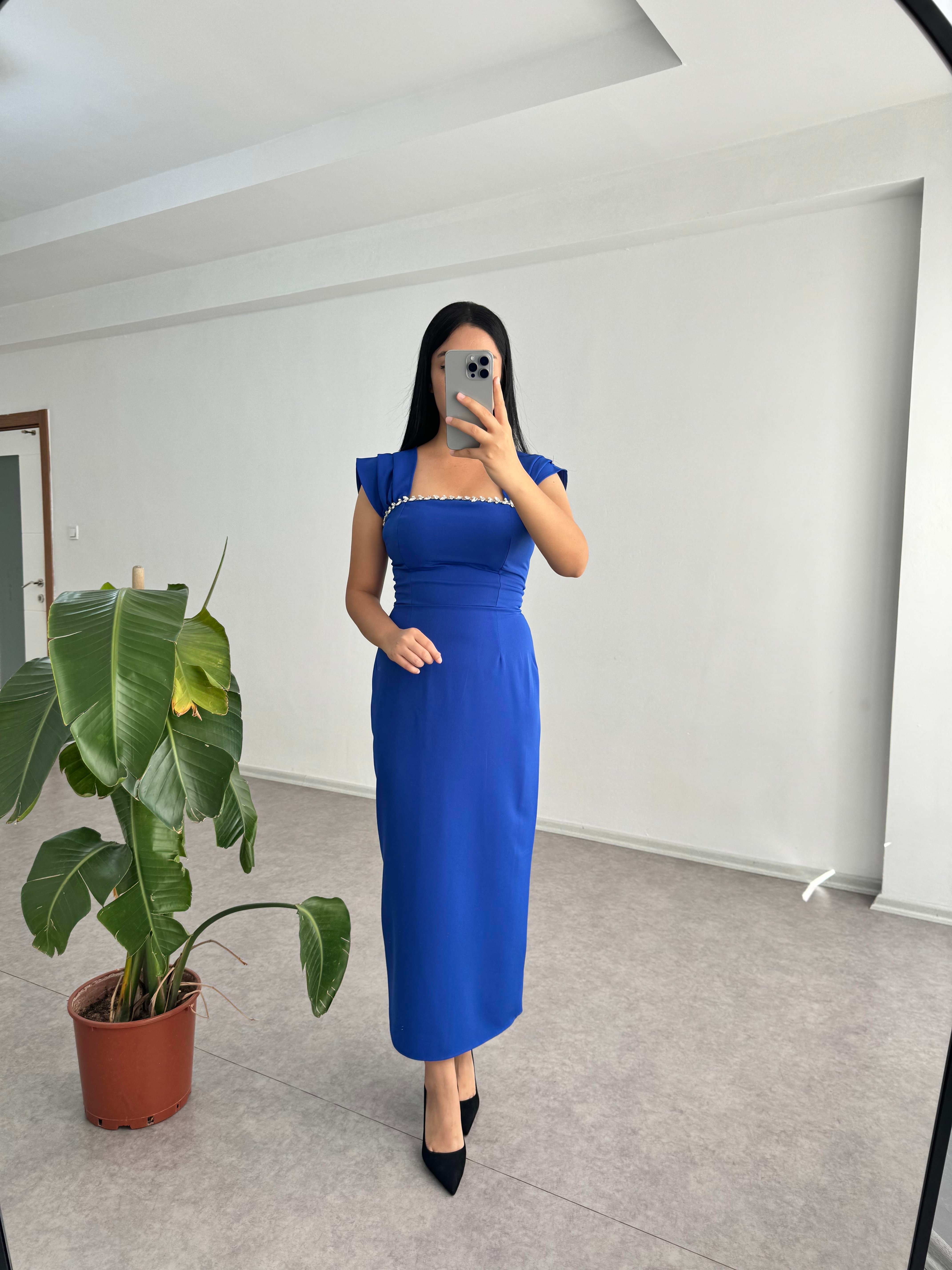 Taşlı Mavi Janel Elbise