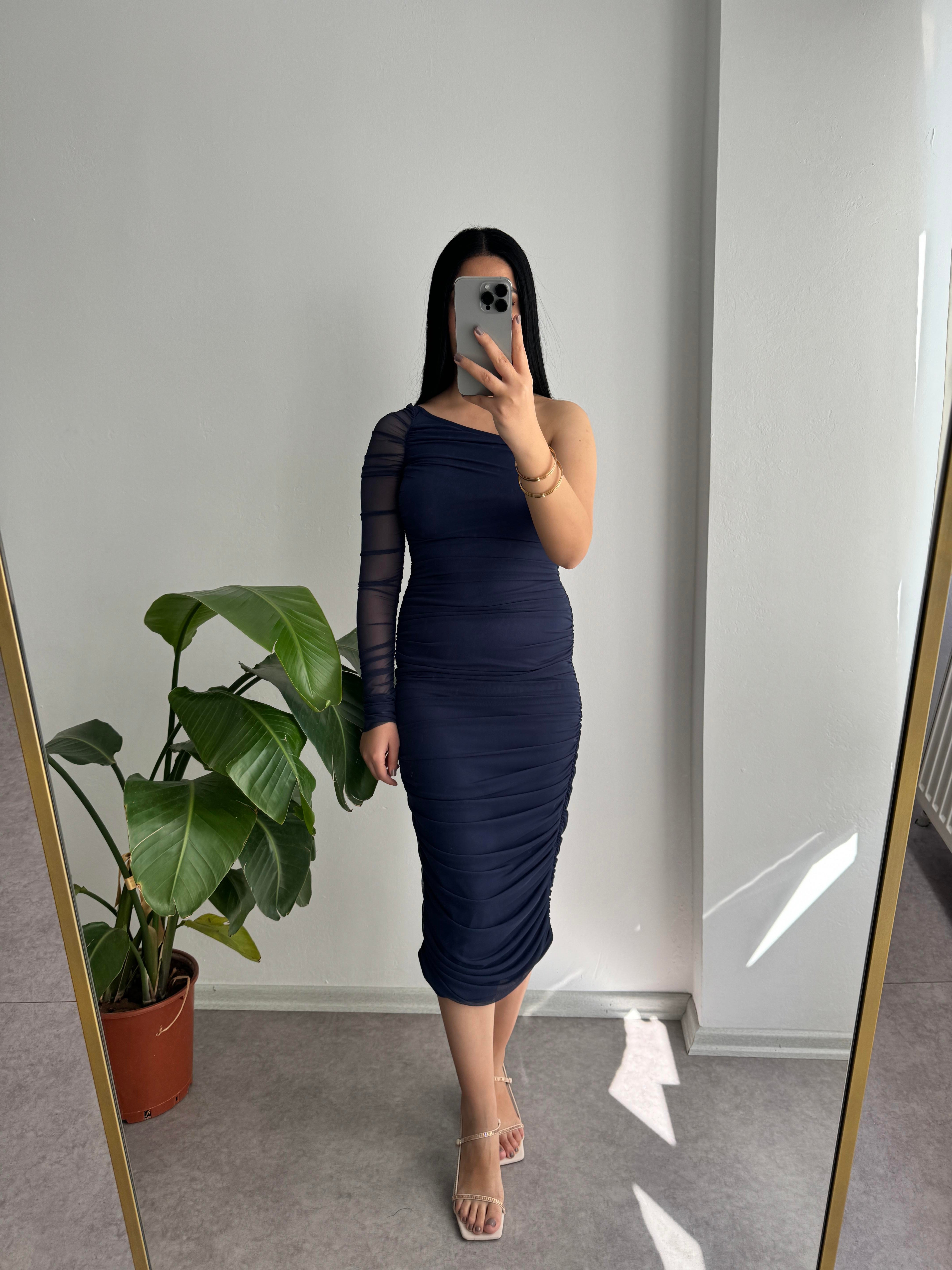 Tek Kol Drapeli Lacivert Elbise