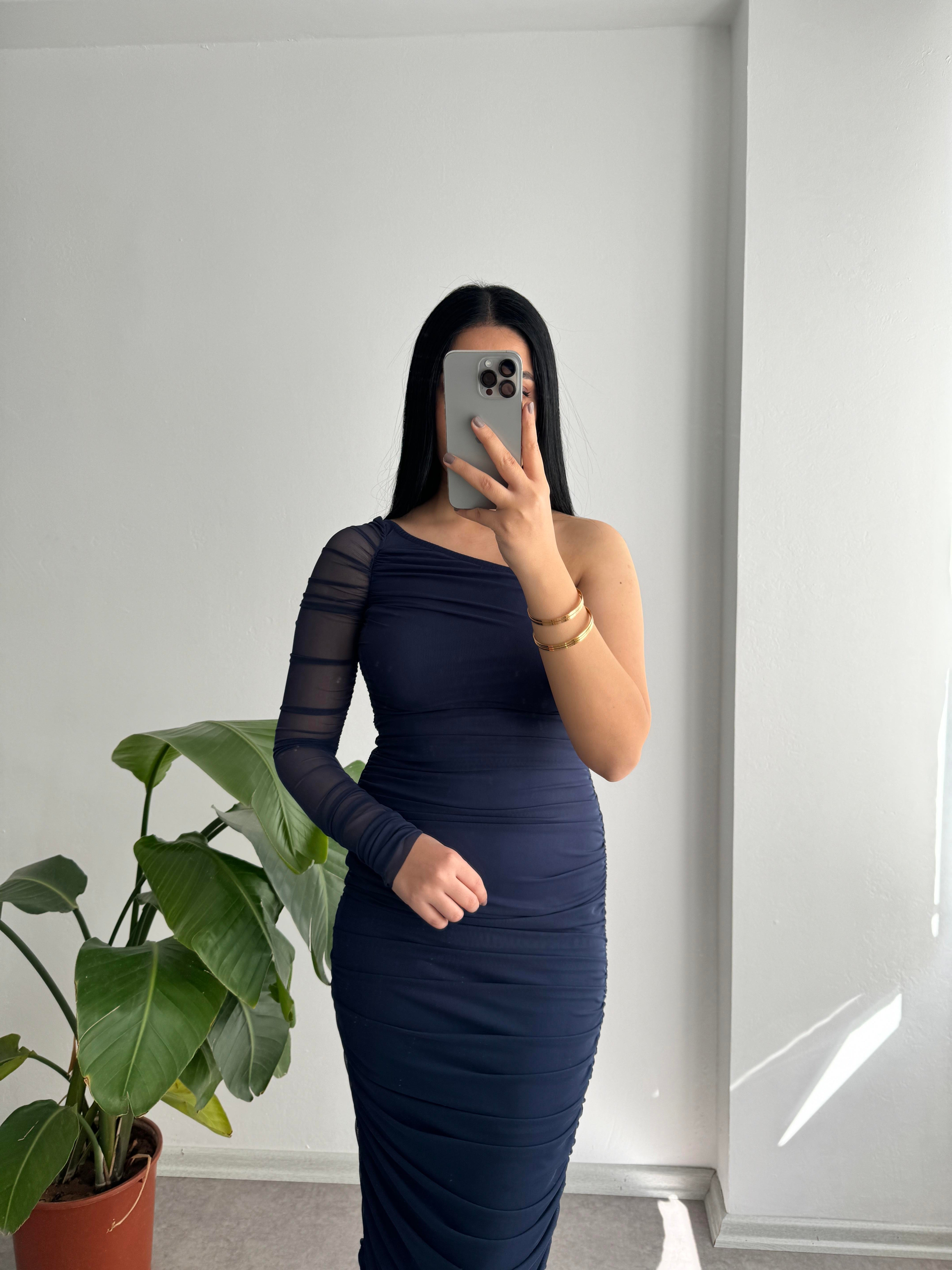 Tek Kol Drapeli Lacivert Elbise