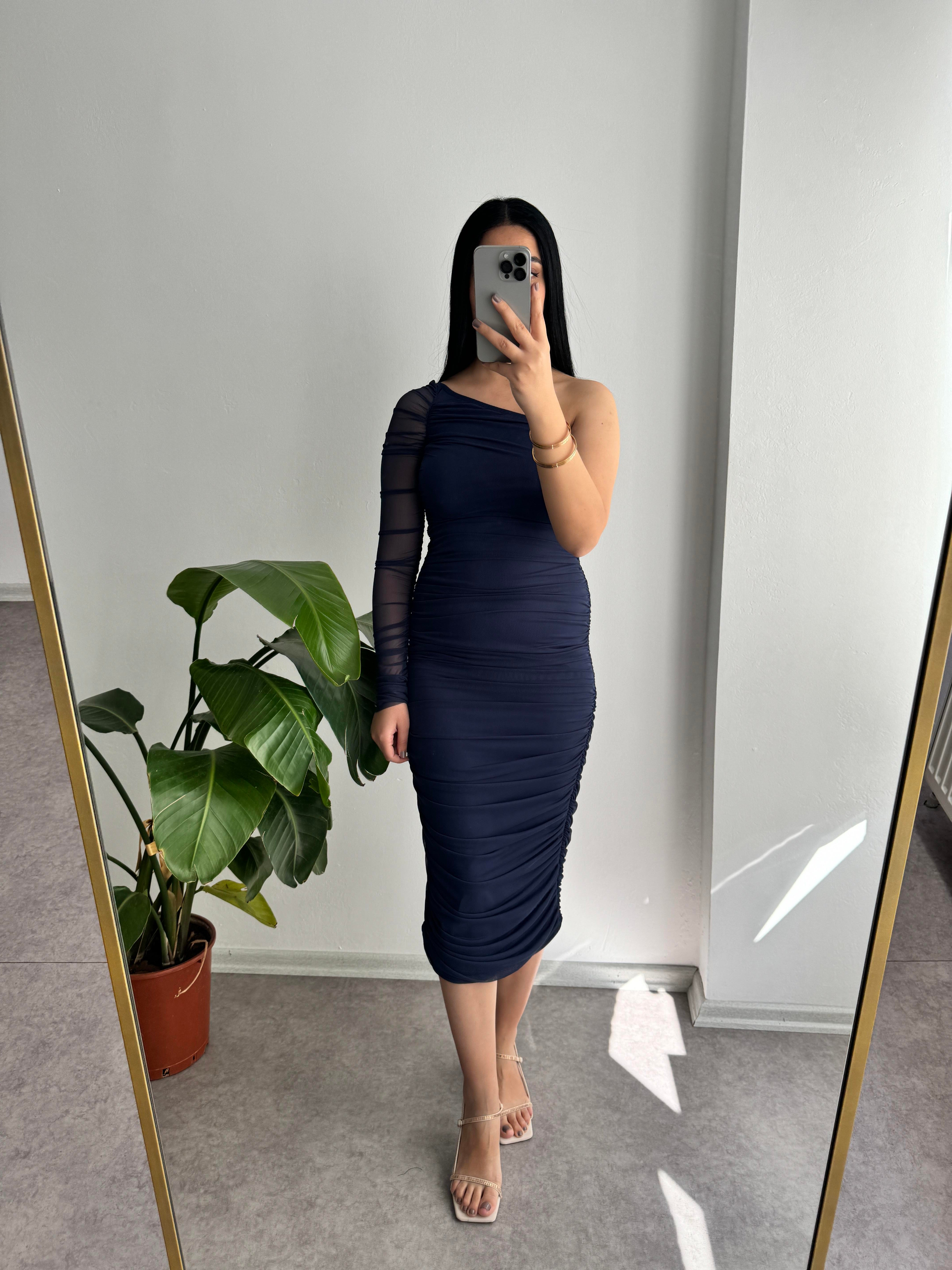 Tek Kol Drapeli Lacivert Elbise