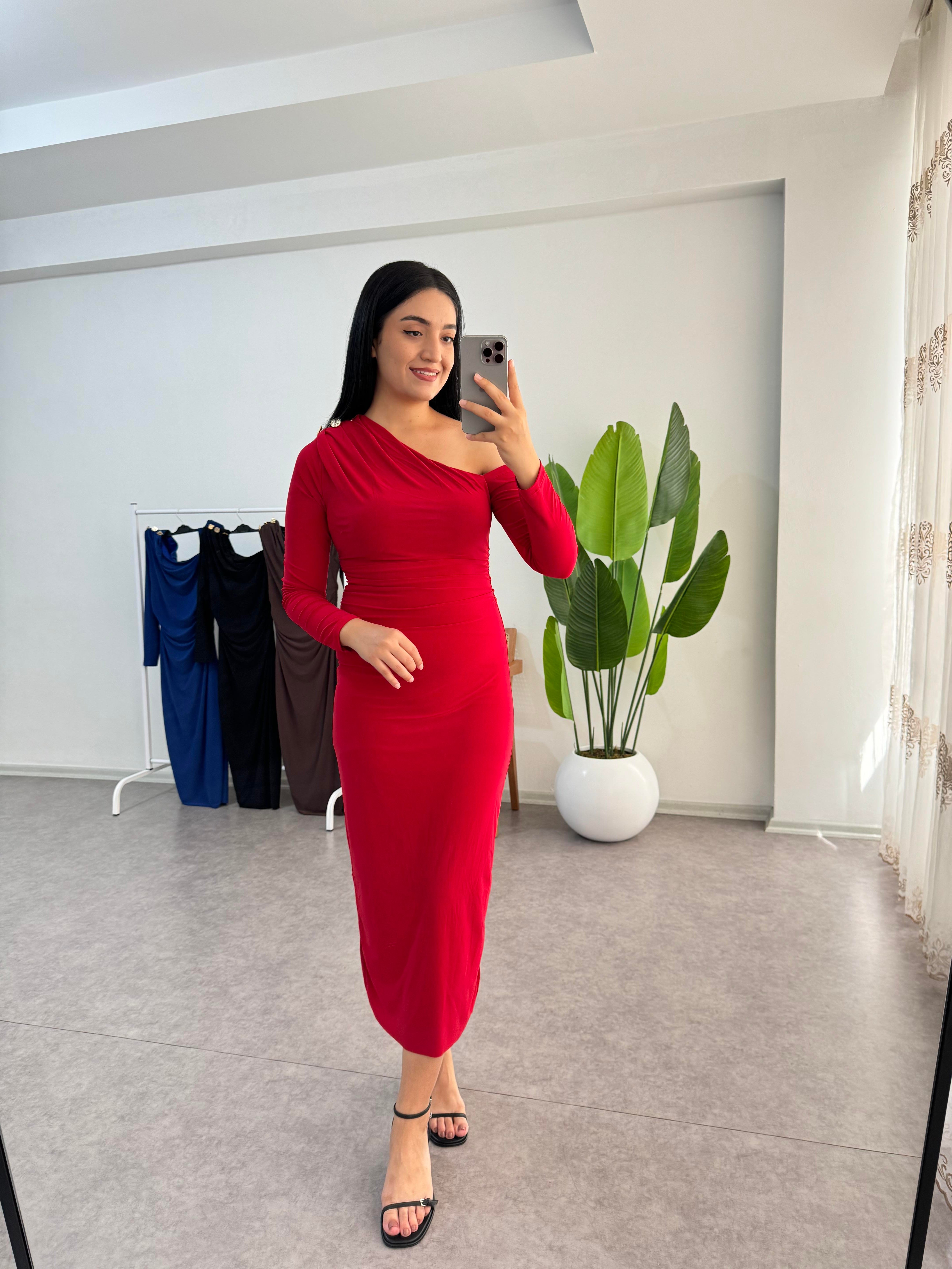 Tek Kol Kırmızı Elbise 