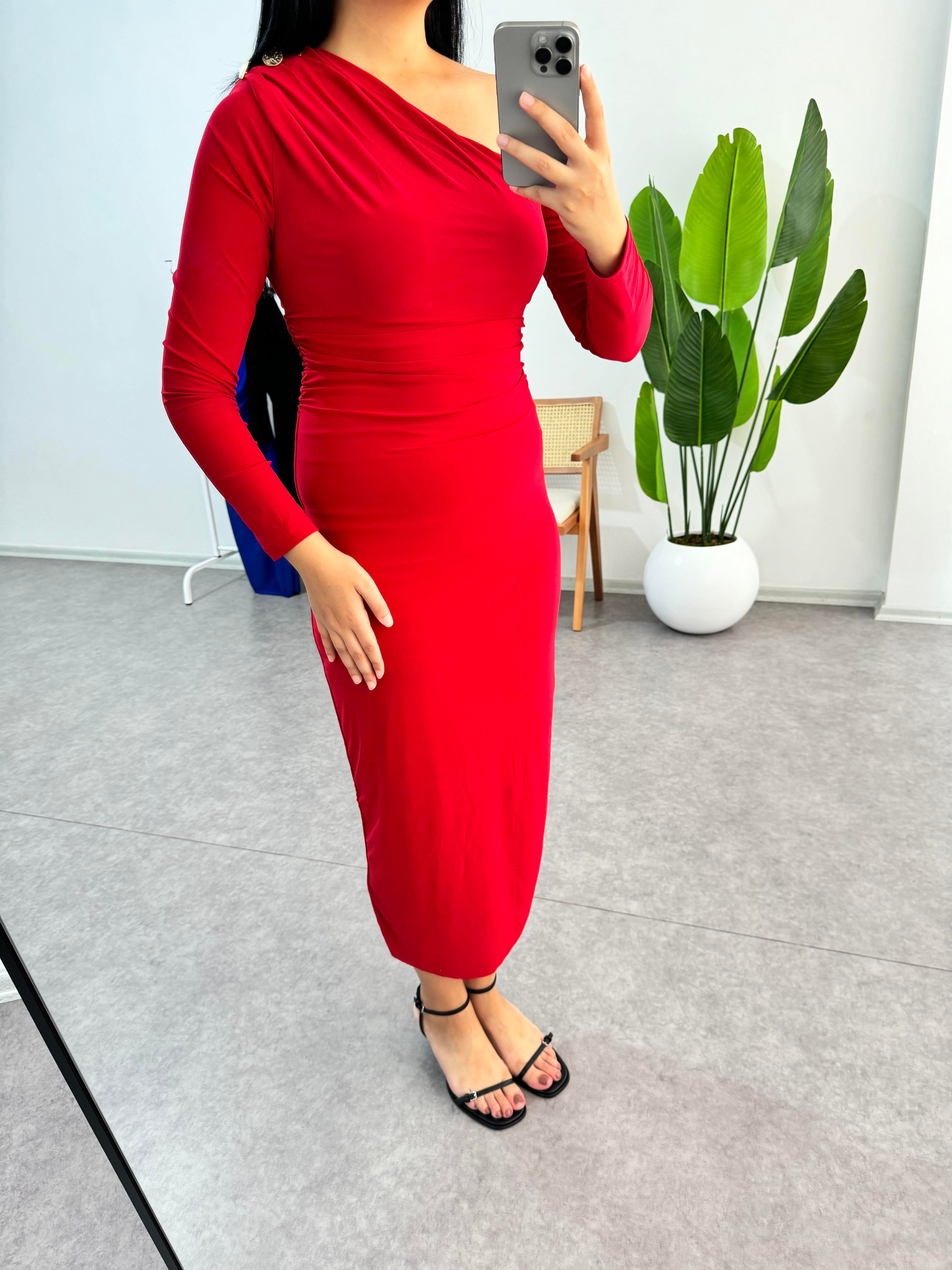 Tek Kol Kırmızı Elbise 