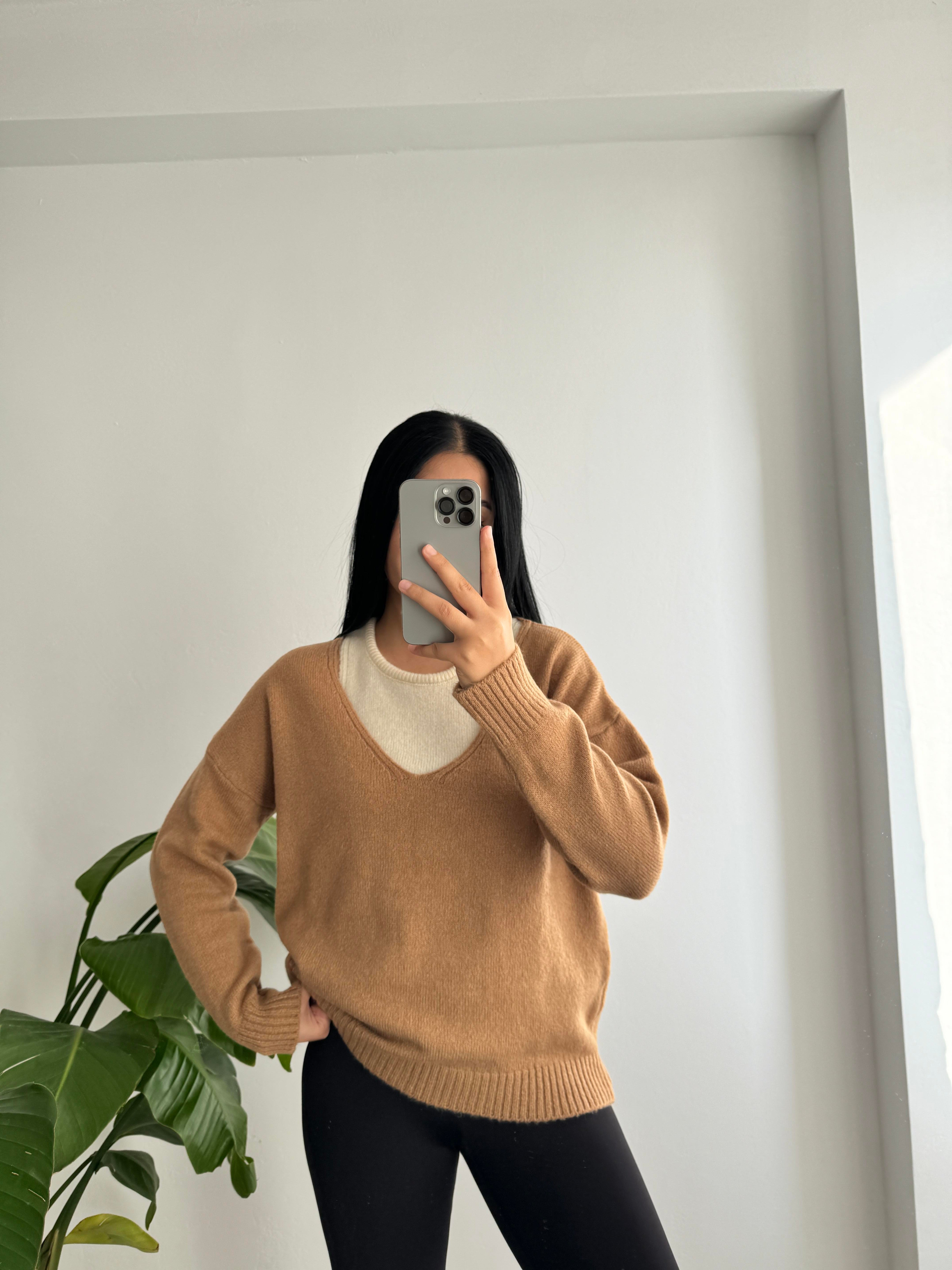 Triko içlikli kazak camel