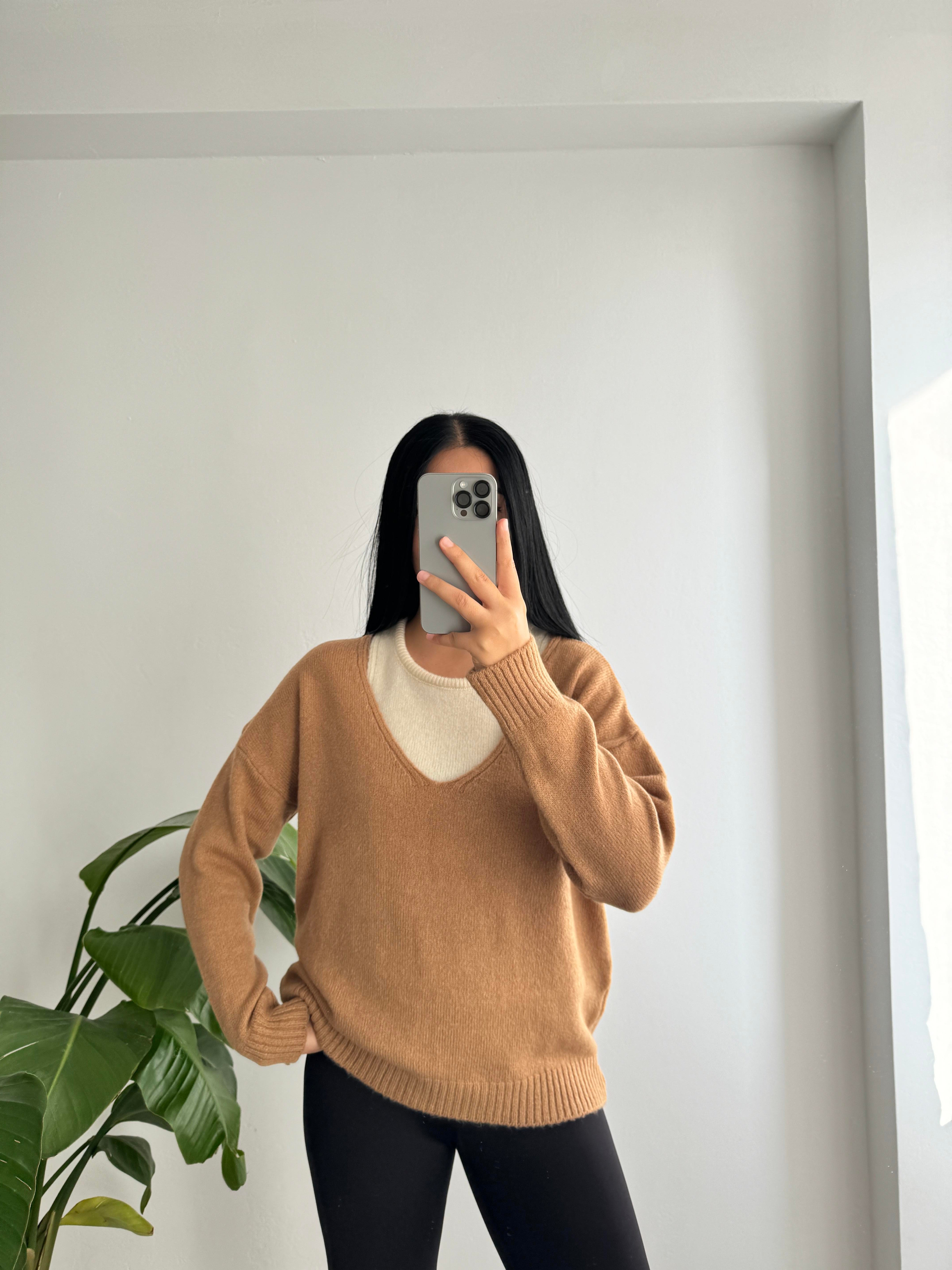 Triko içlikli kazak camel