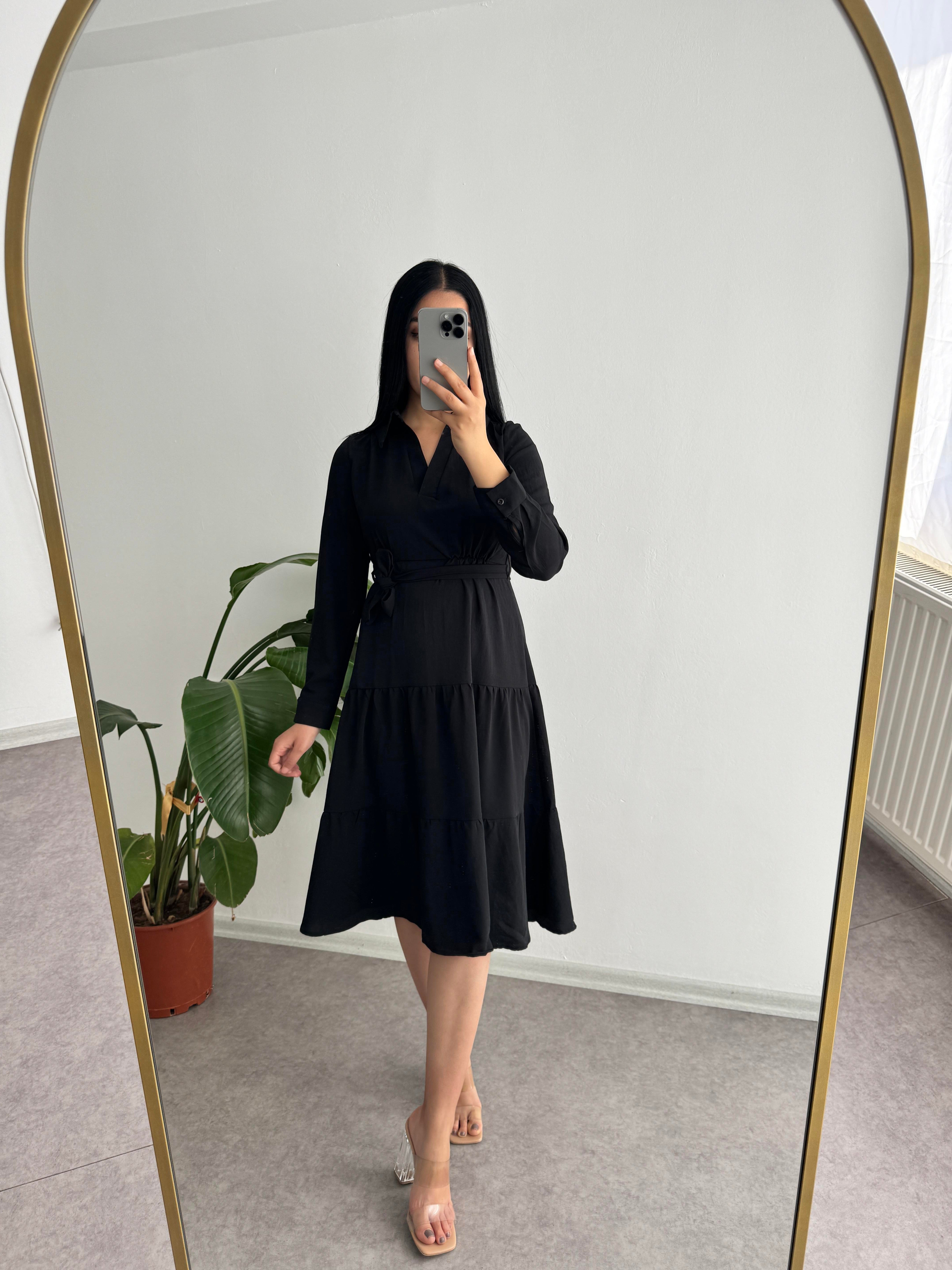 Uzun Kollu Siyah Elbise