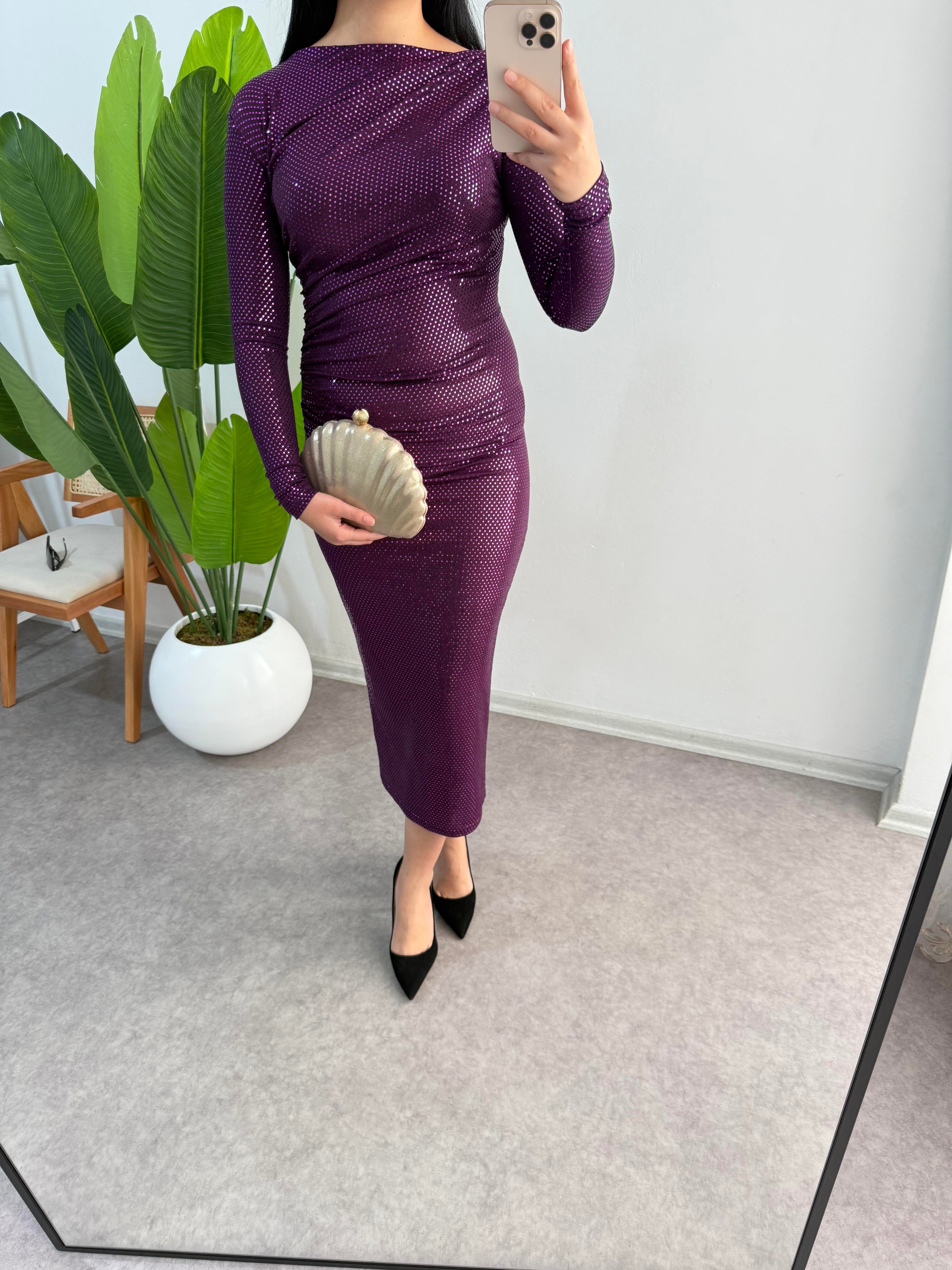 Vegas Payetli Mor Elbise