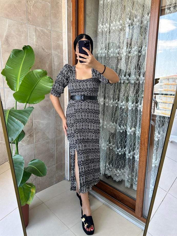 Viskon elbise kemerli