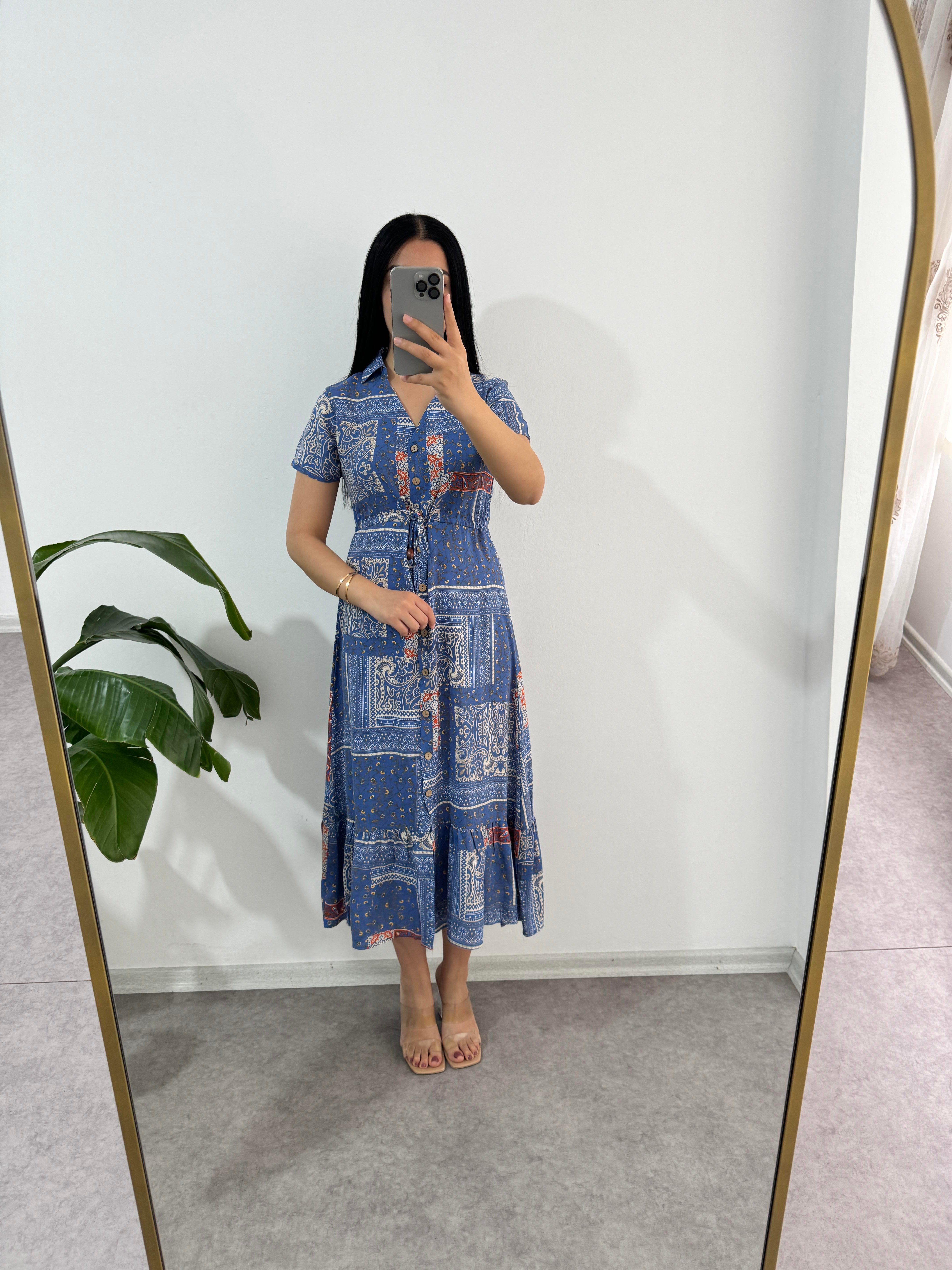 Viskon Kumaş Mavi Elbise 